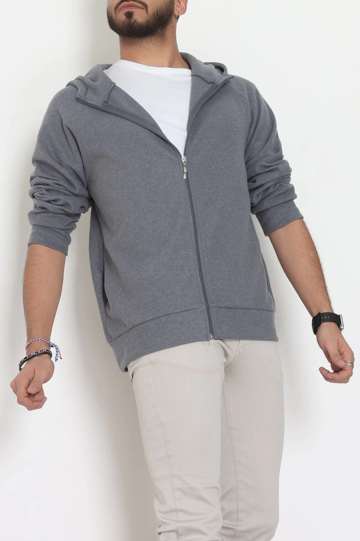 Selanik Kumaş Kapşonlu Erkek Sweat Füme