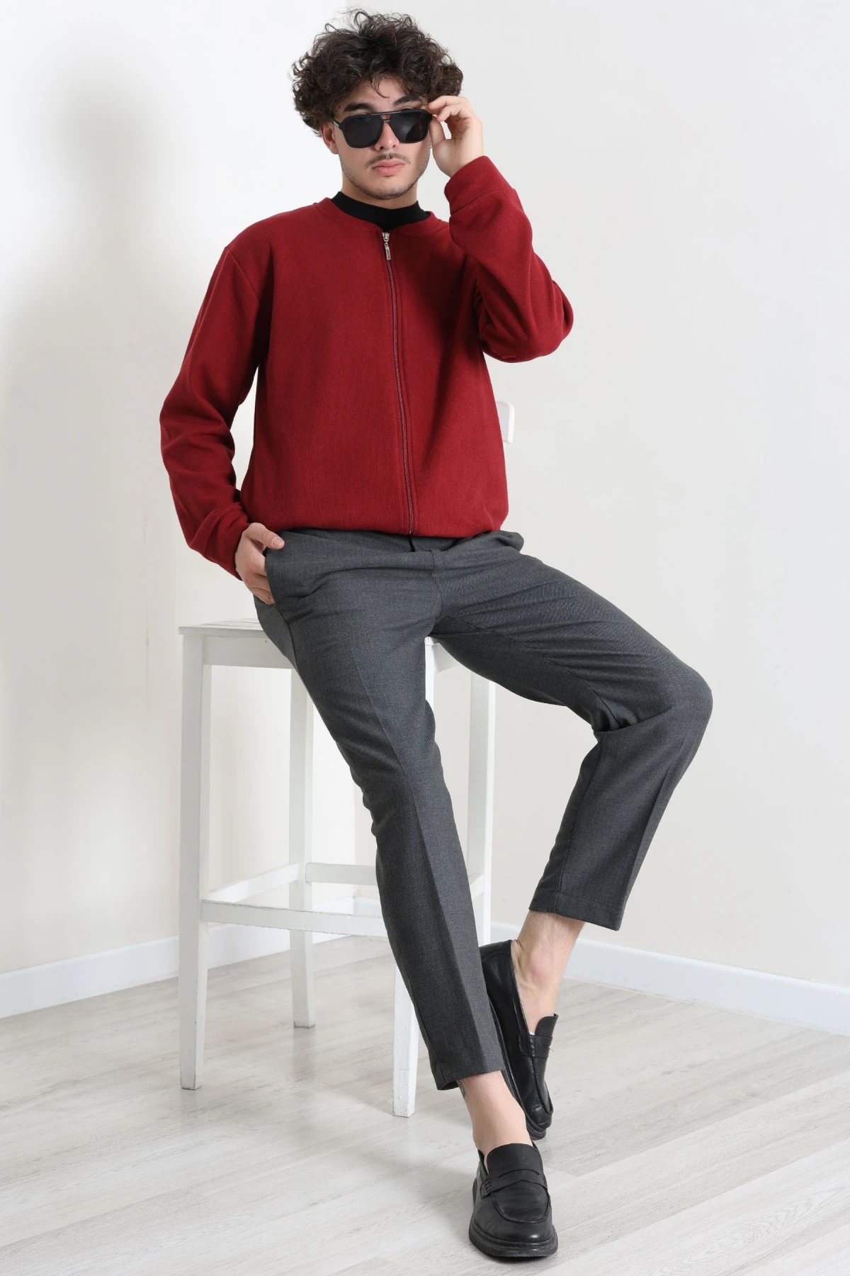 Fermuarlı Selanik Kumaş Erkek Sweat Bordo