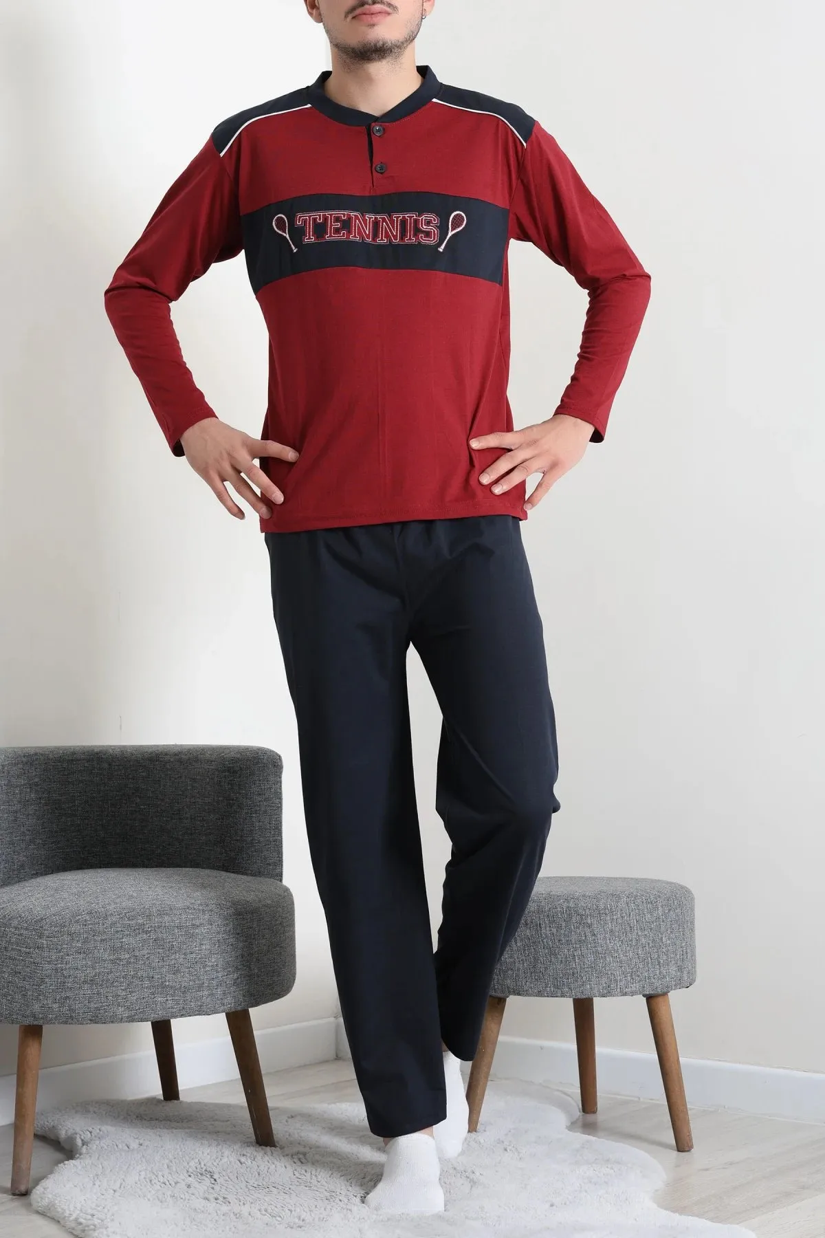 Süprem Patlı Garnili Erkek Pijama Takımı Bordo