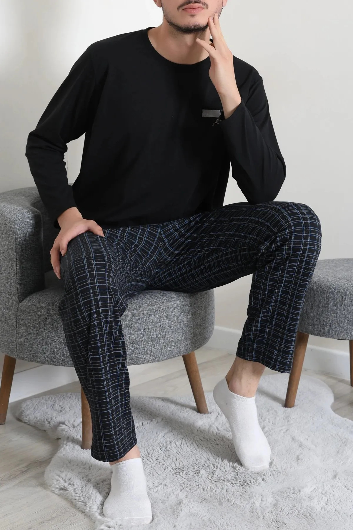 Süprem Ekose Erkek Pijama Takımı Siyah