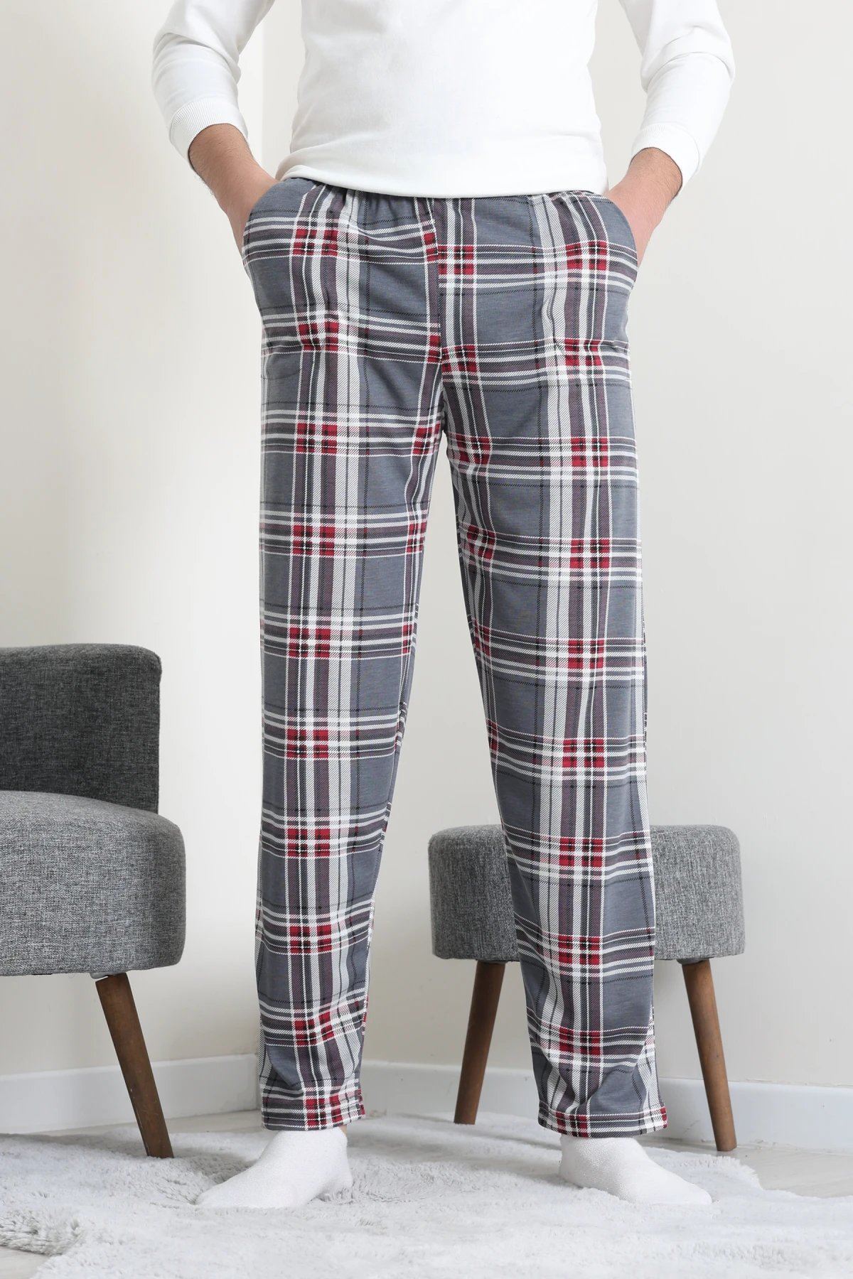 Süprem Cepli Erkek Pijama Altı Gri Kırmızı