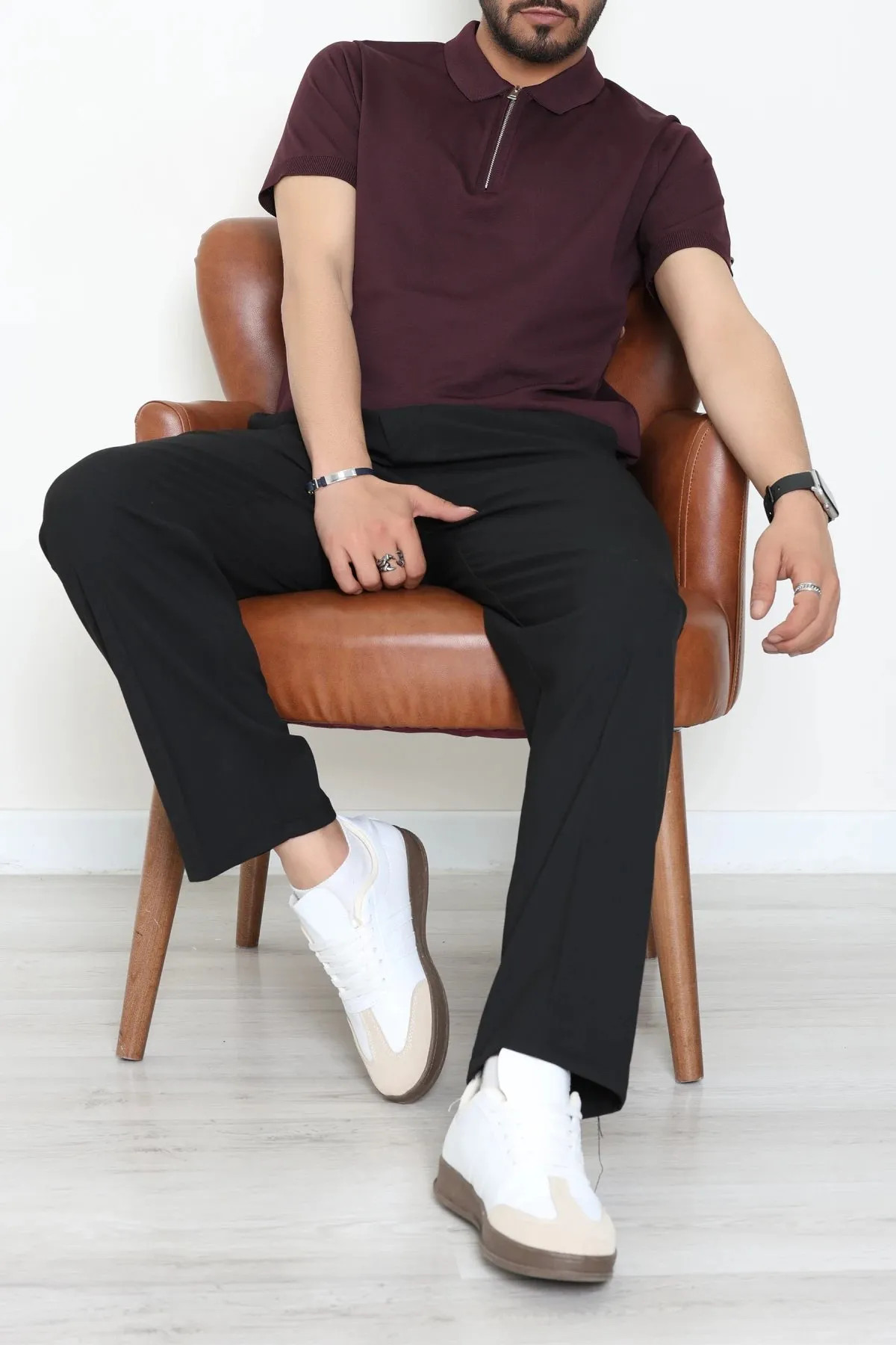 Erkek Premium Fermuarlı Polo Yaka Triko Tişört Mürdüm