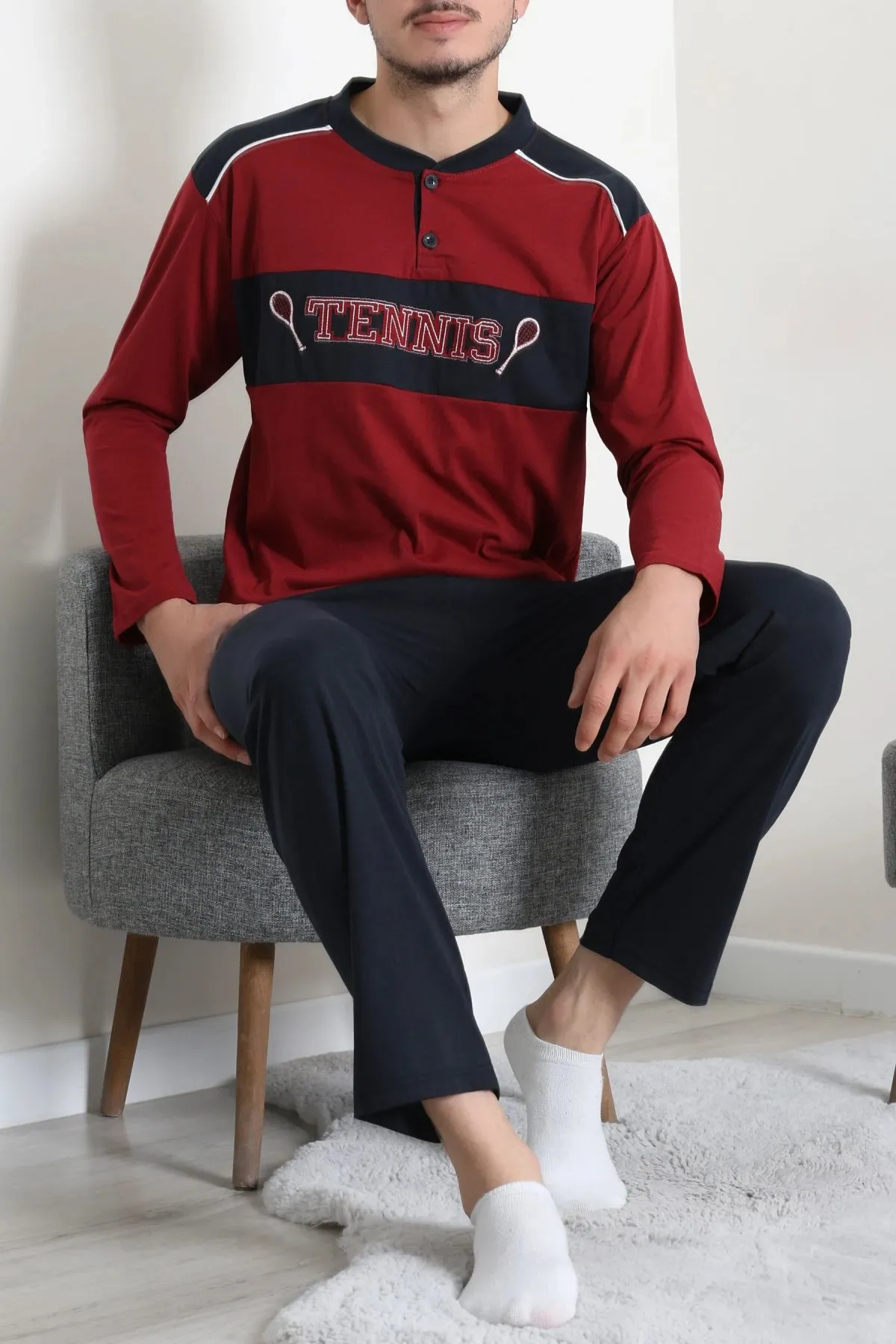 Süprem Patlı Garnili Erkek Pijama Takımı Bordo