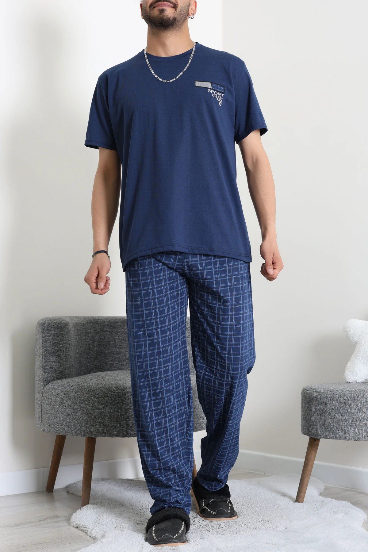 Süprem Ekose Erkek Pijama Takımı Lacivert