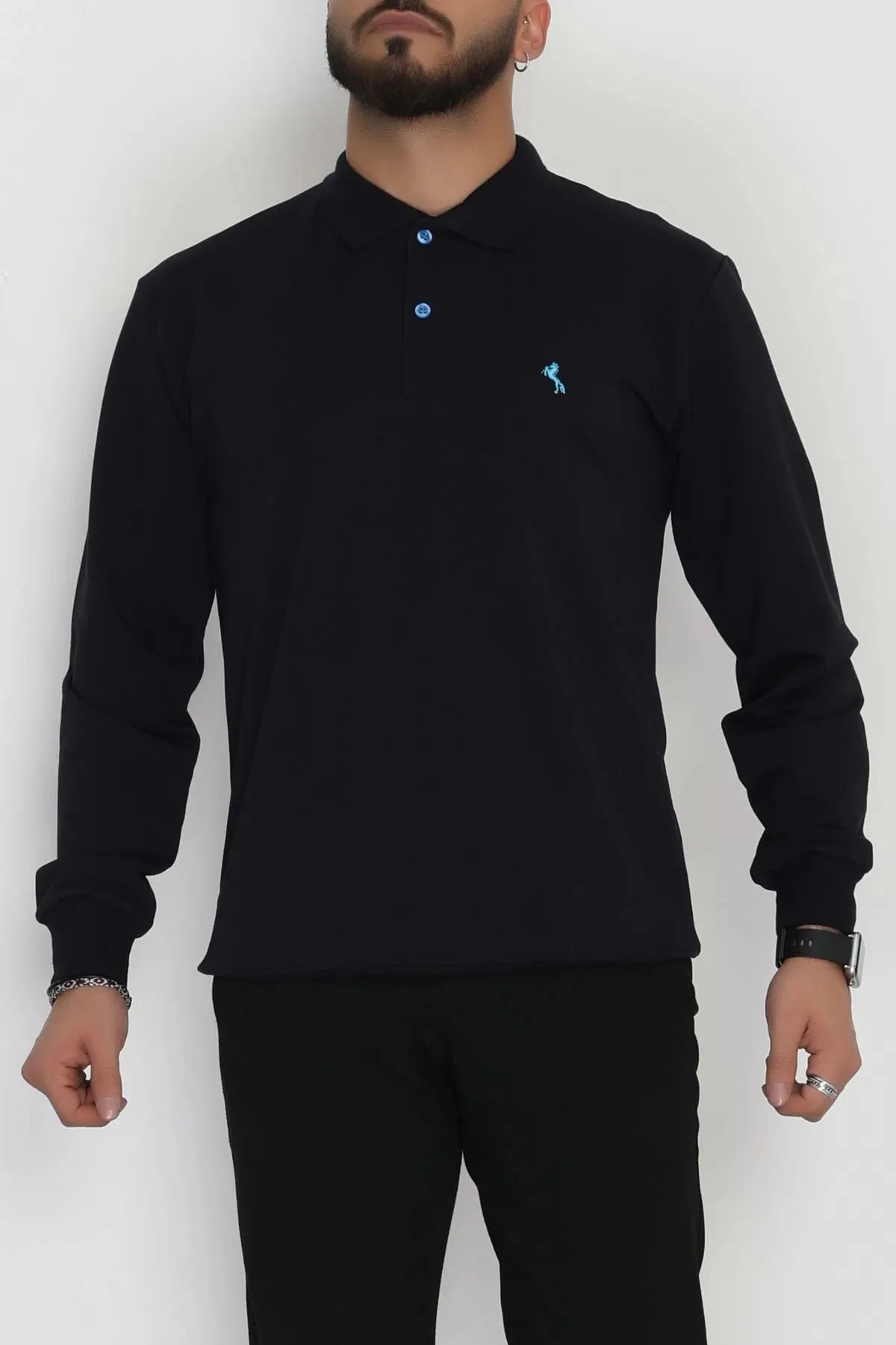 2 İplik Likralı Polo Yaka Erkek Sweat Lacivert