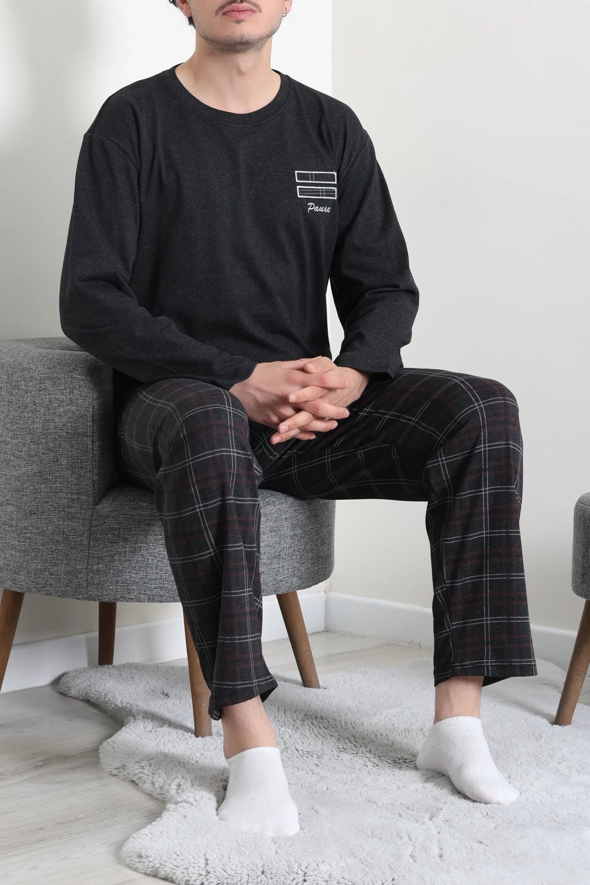 Süprem Ekose Bisiklet Yak Uzun Kol Cepli Erkek Pijama Takımı Siyah