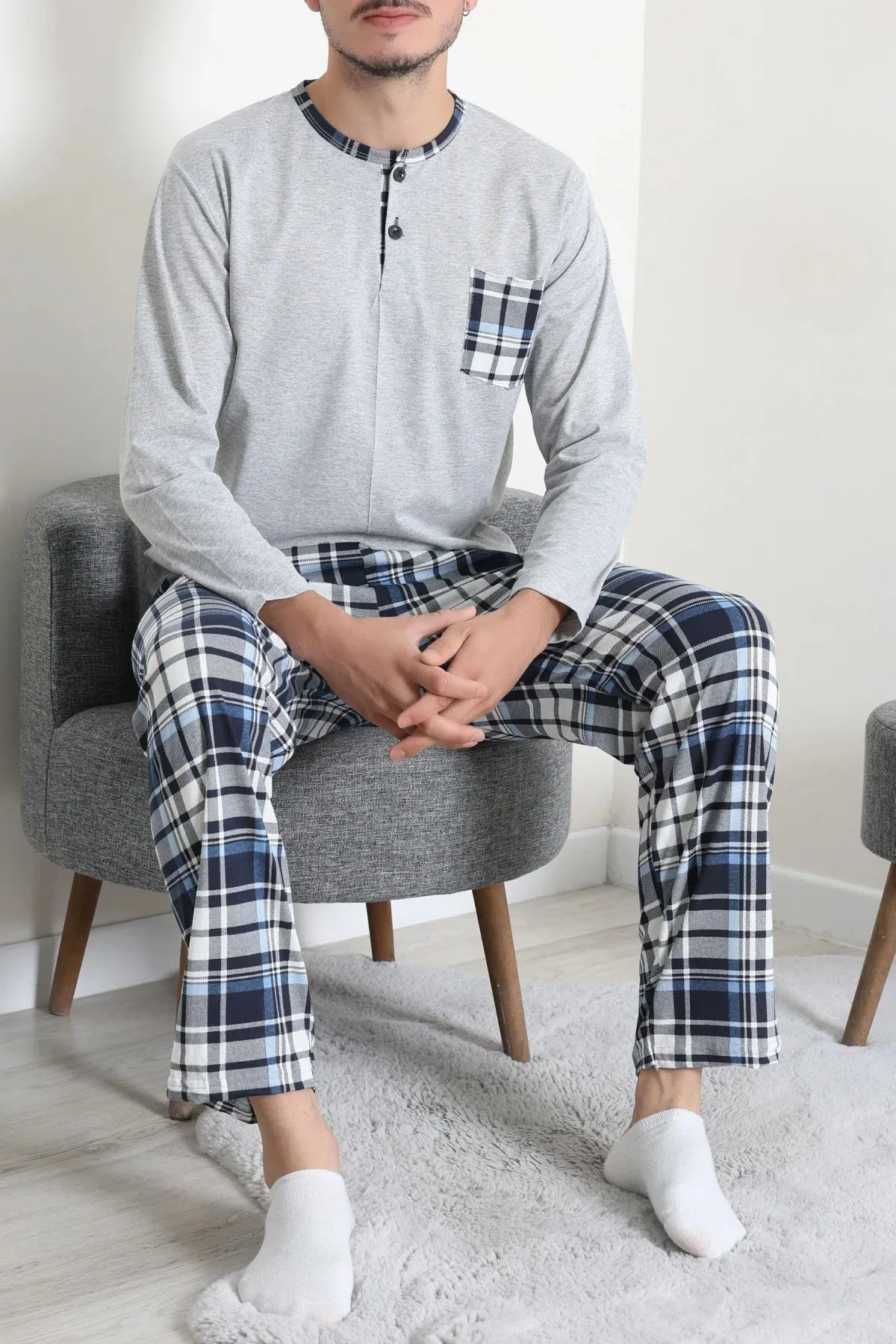 Süprem Patlı Ekose Pijama Takımı Gri