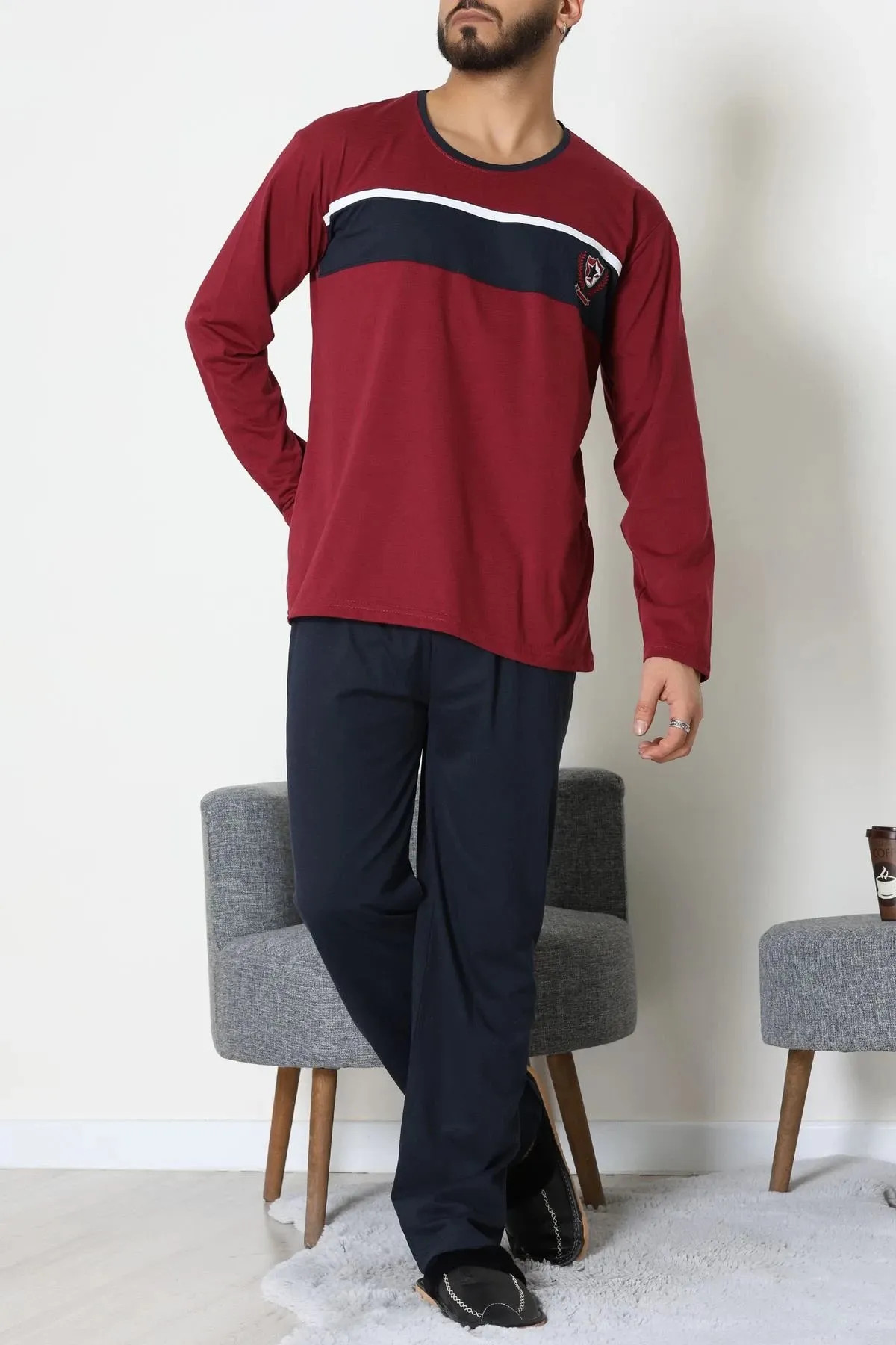 Süprem Baskılı Erkek Pijama Takımı Bordo