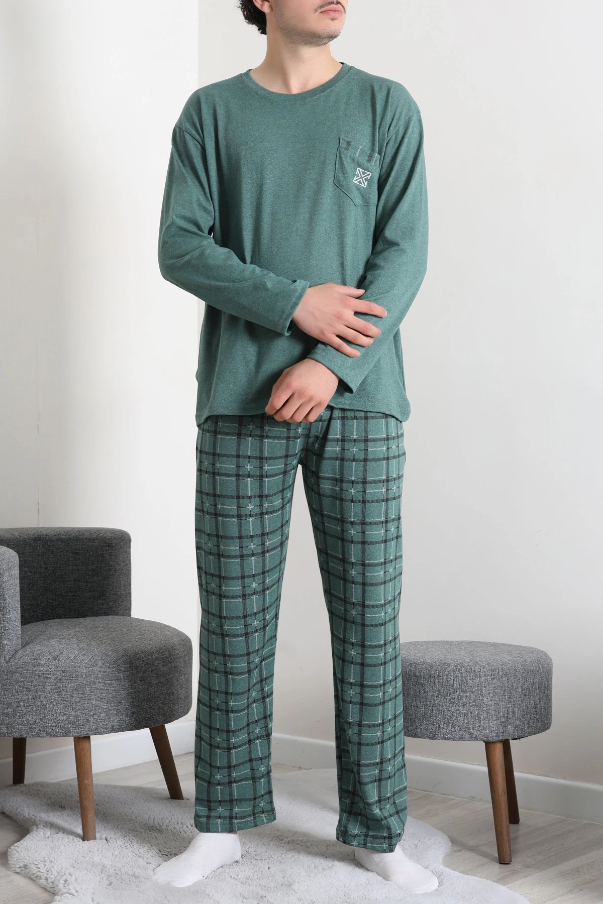 Süprem Ekose Bisiklet Yak Uzun Kol Cepli Erkek Pijama Takımı Yeşil