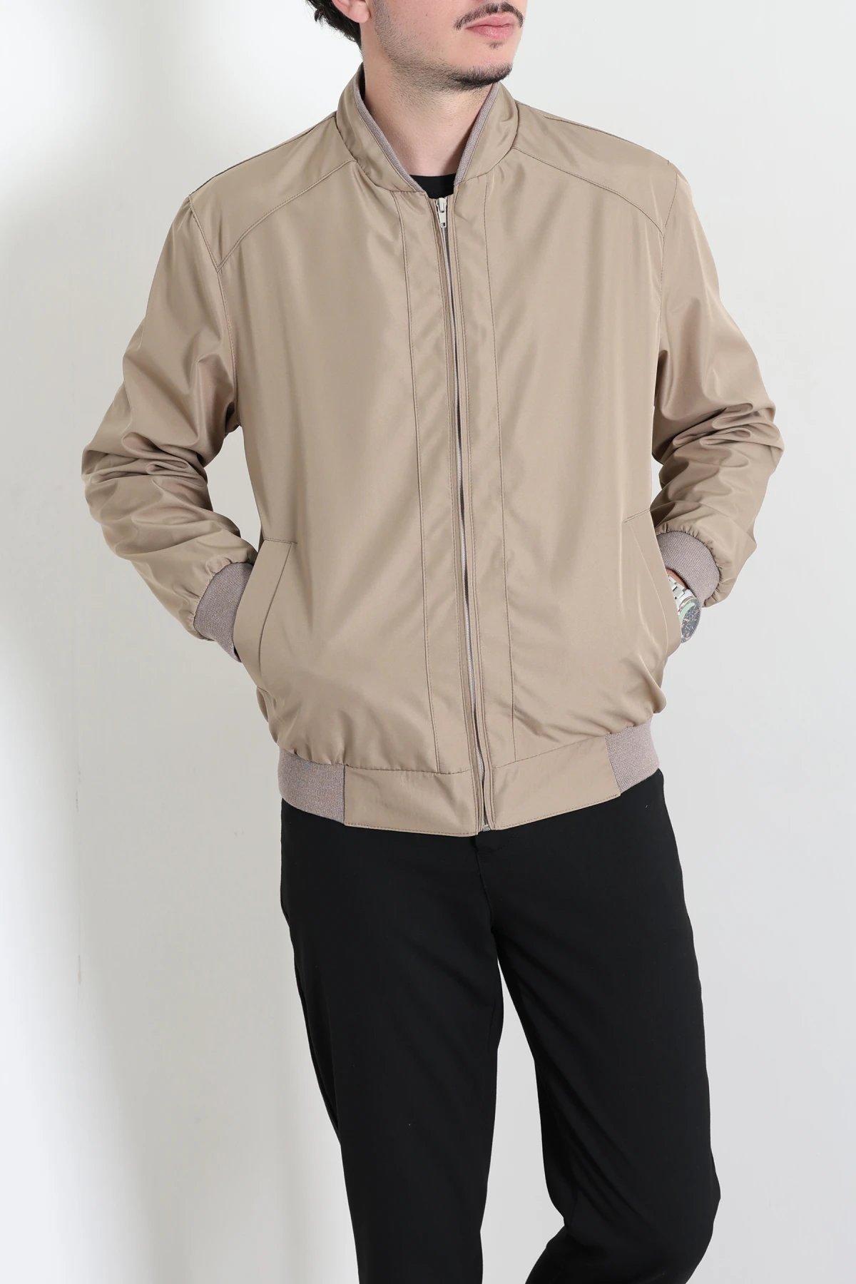 Bondit Dik Yaka Erkek Bomber Ceket Bej