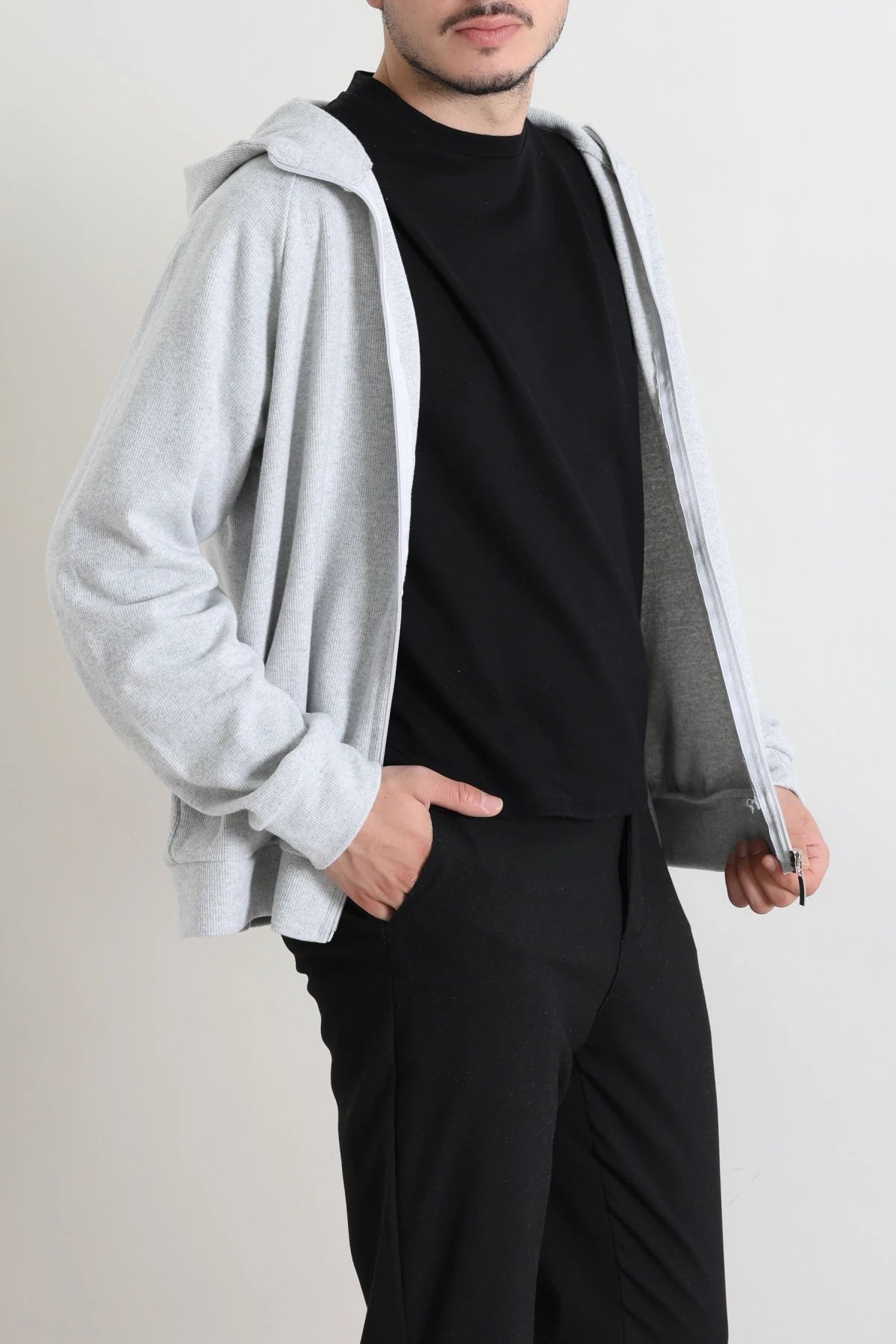 Selanik Kumaş Kapşonlu Erkek Sweat Gri