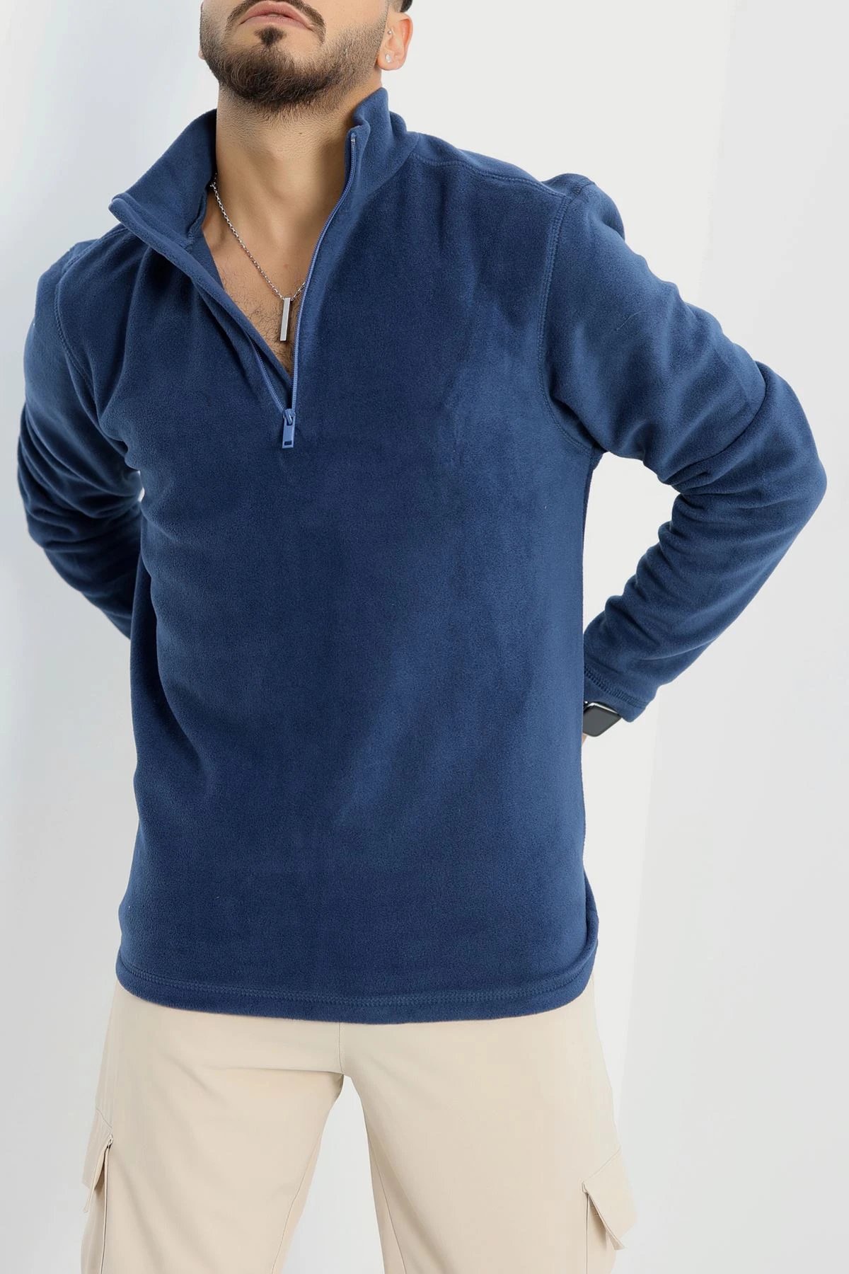 Yarım Fermuar Erkek Polar Sweat İndigo