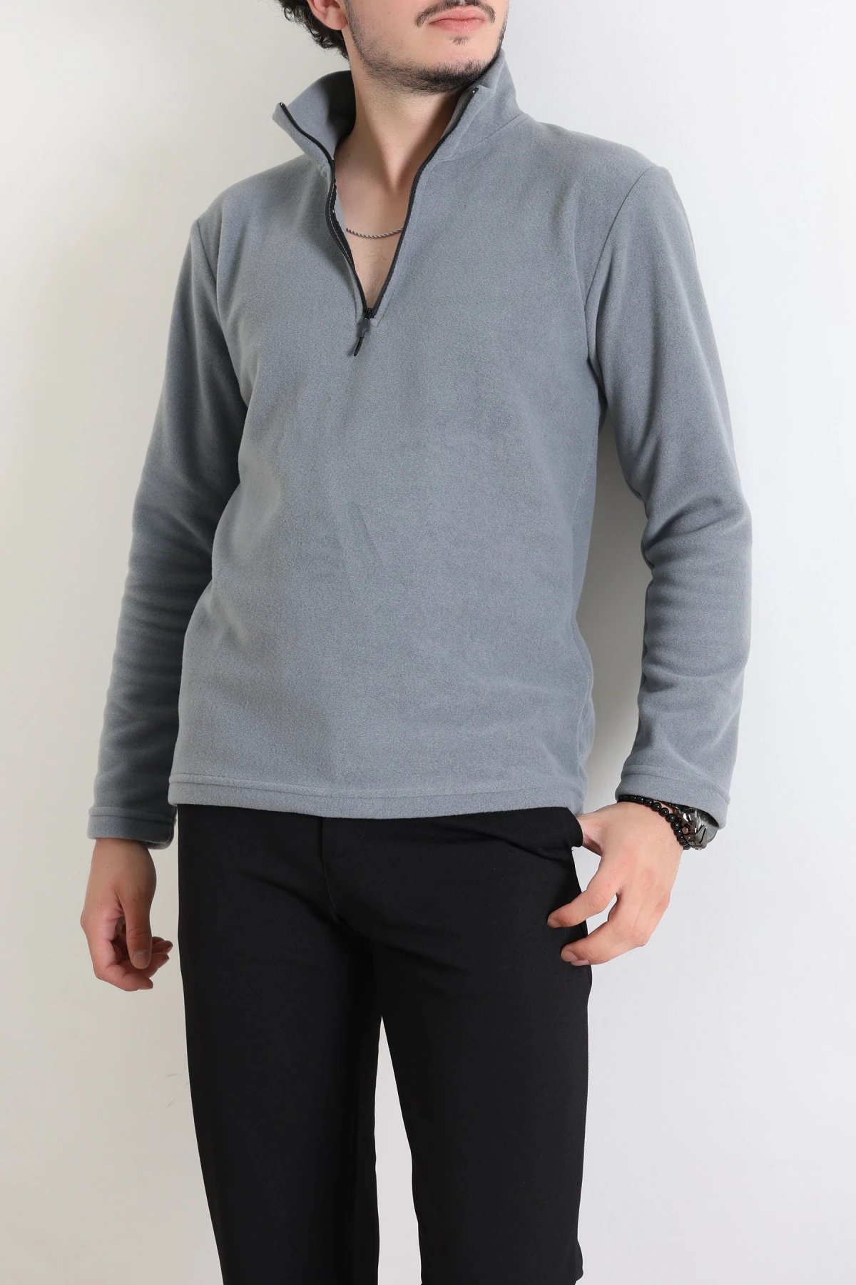 Yarım Fermuarlı Polar Erkek Sweat Füme