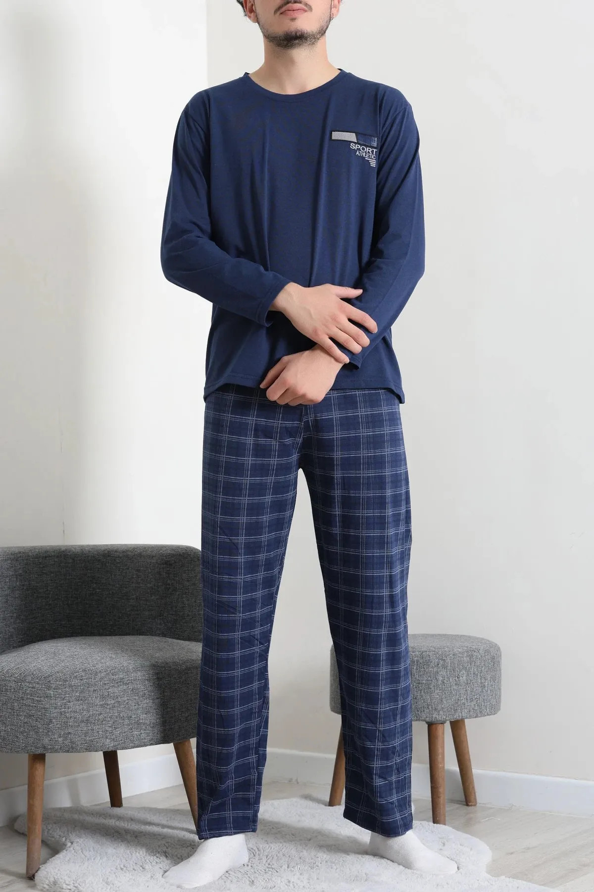 Süprem Ekose Erkek Pijama Takımı İndigo