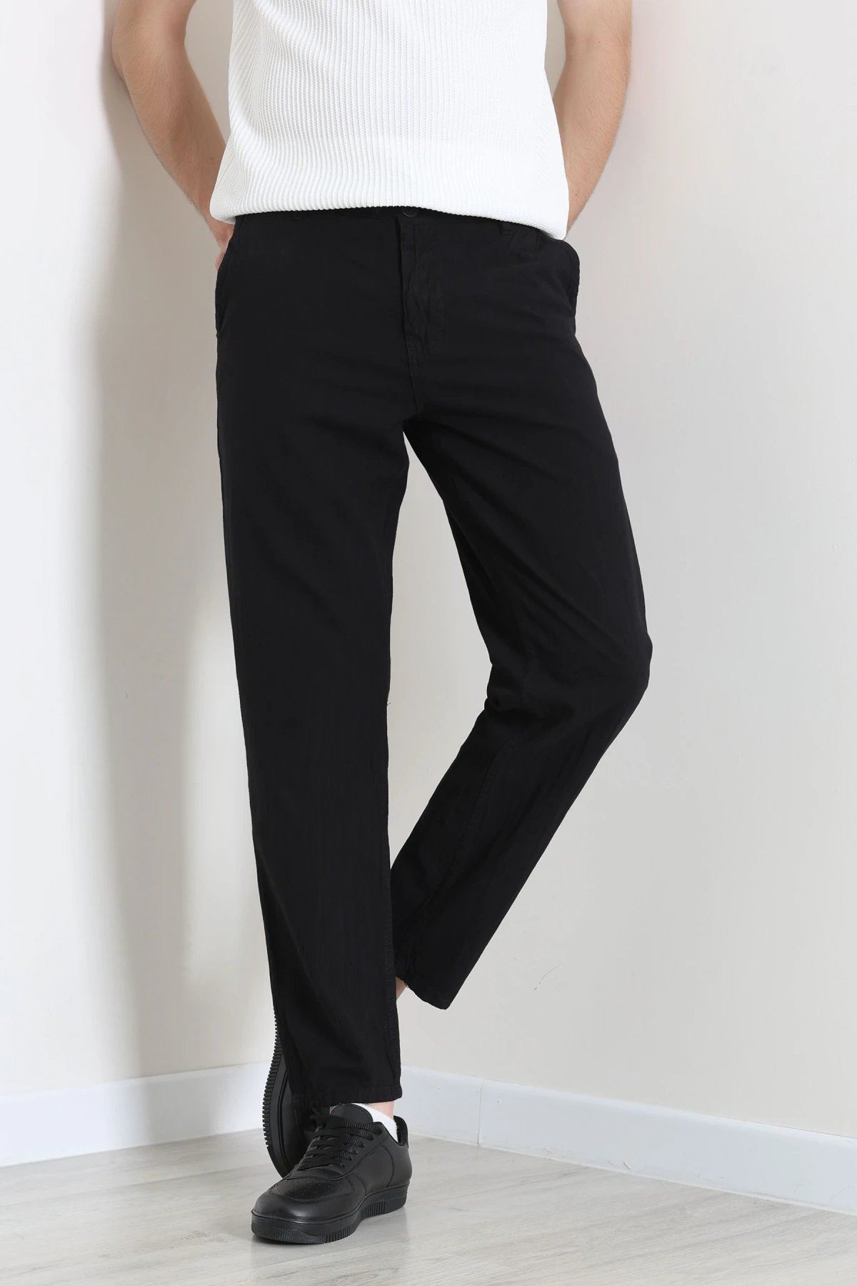 Regular Fit Keten Erkek Pantolon Siyah
