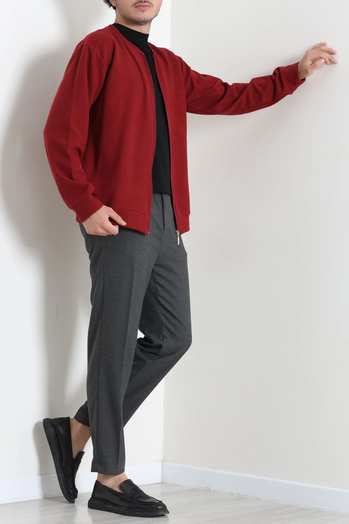 Fermuarlı Selanik Kumaş Erkek Sweat Bordo