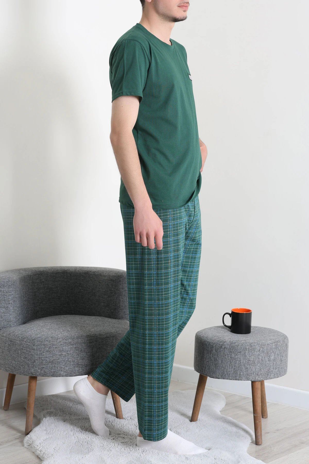 Kısa Kollu Erkek Pijama Takımı Koyuyeşil