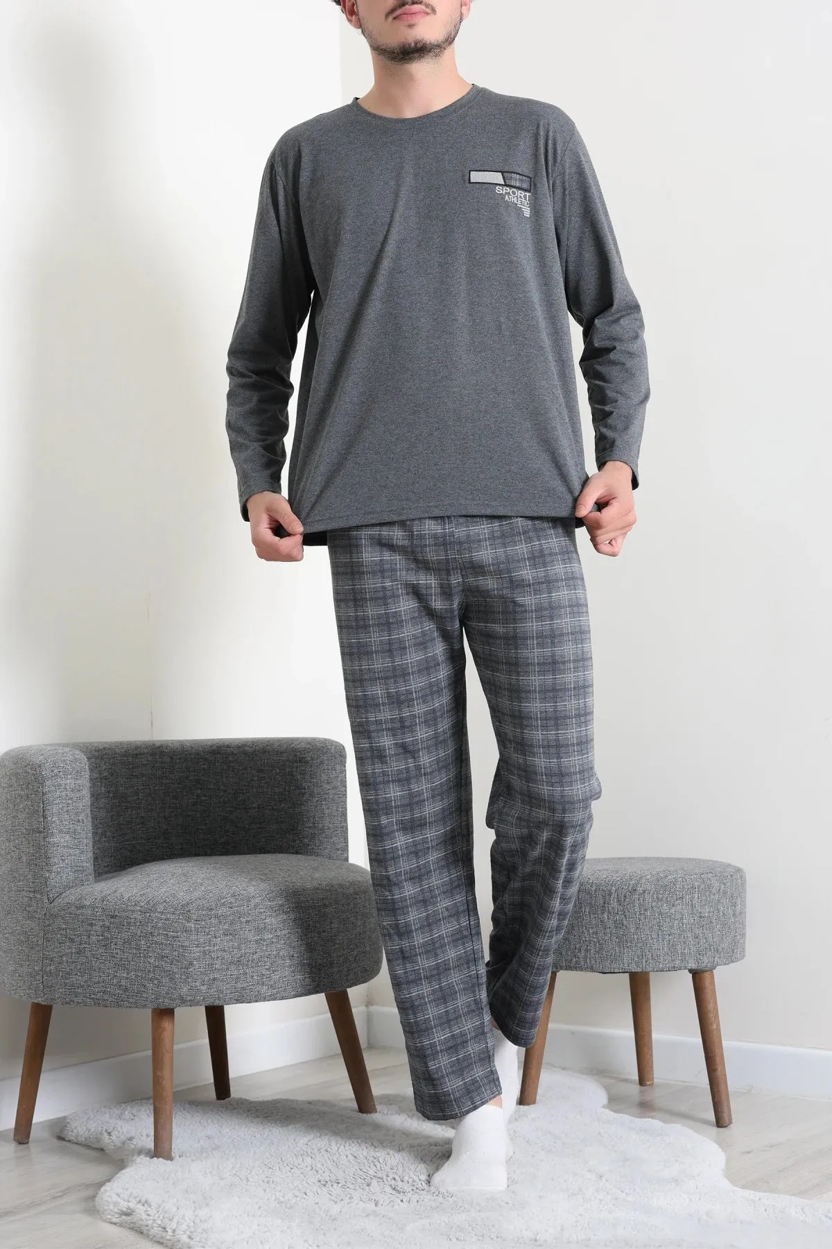 Süprem Ekose Erkek Pijama Takımı Füme
