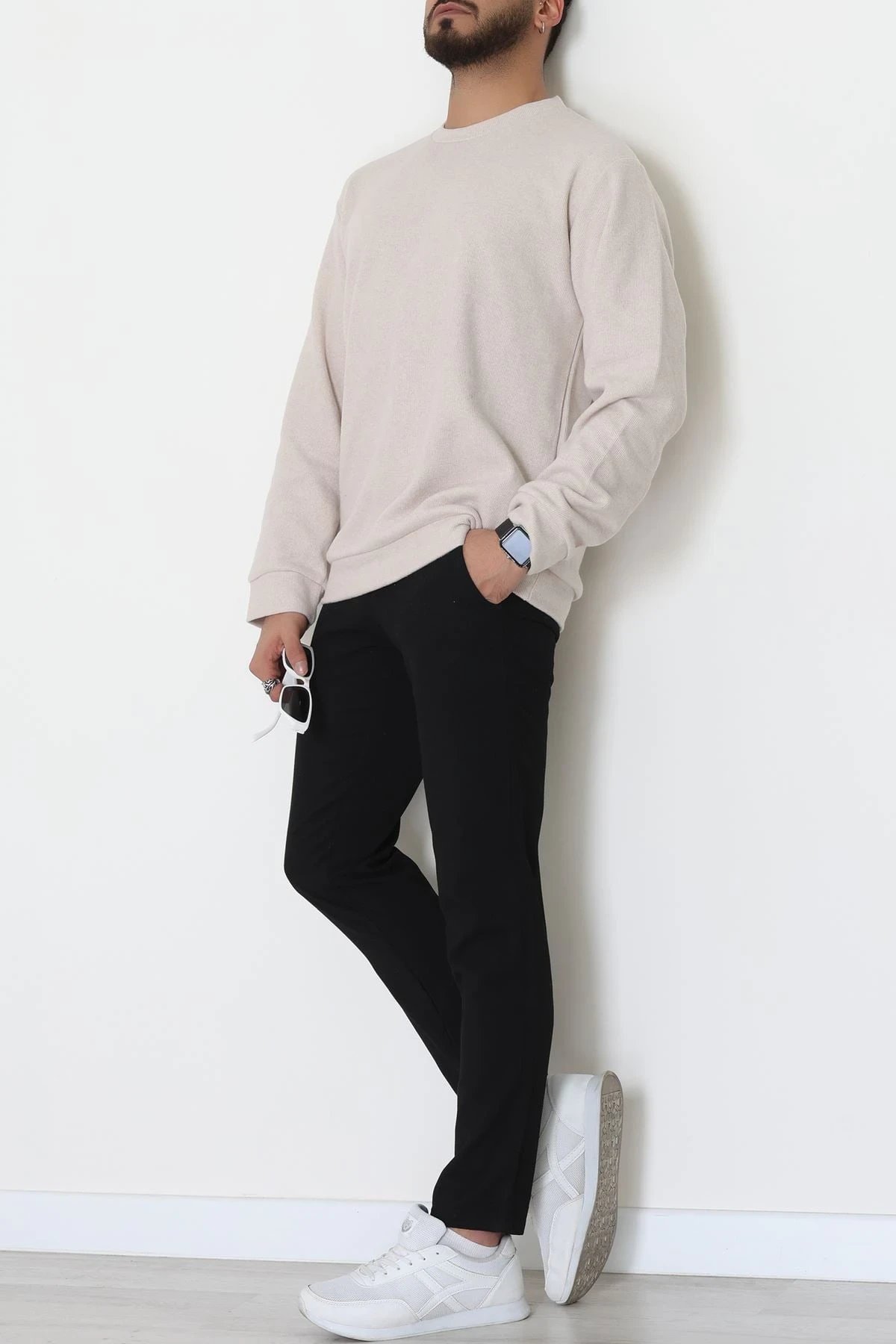 Bisiklet Yaka Selanik Kumaş Erkek Sweat Bej
