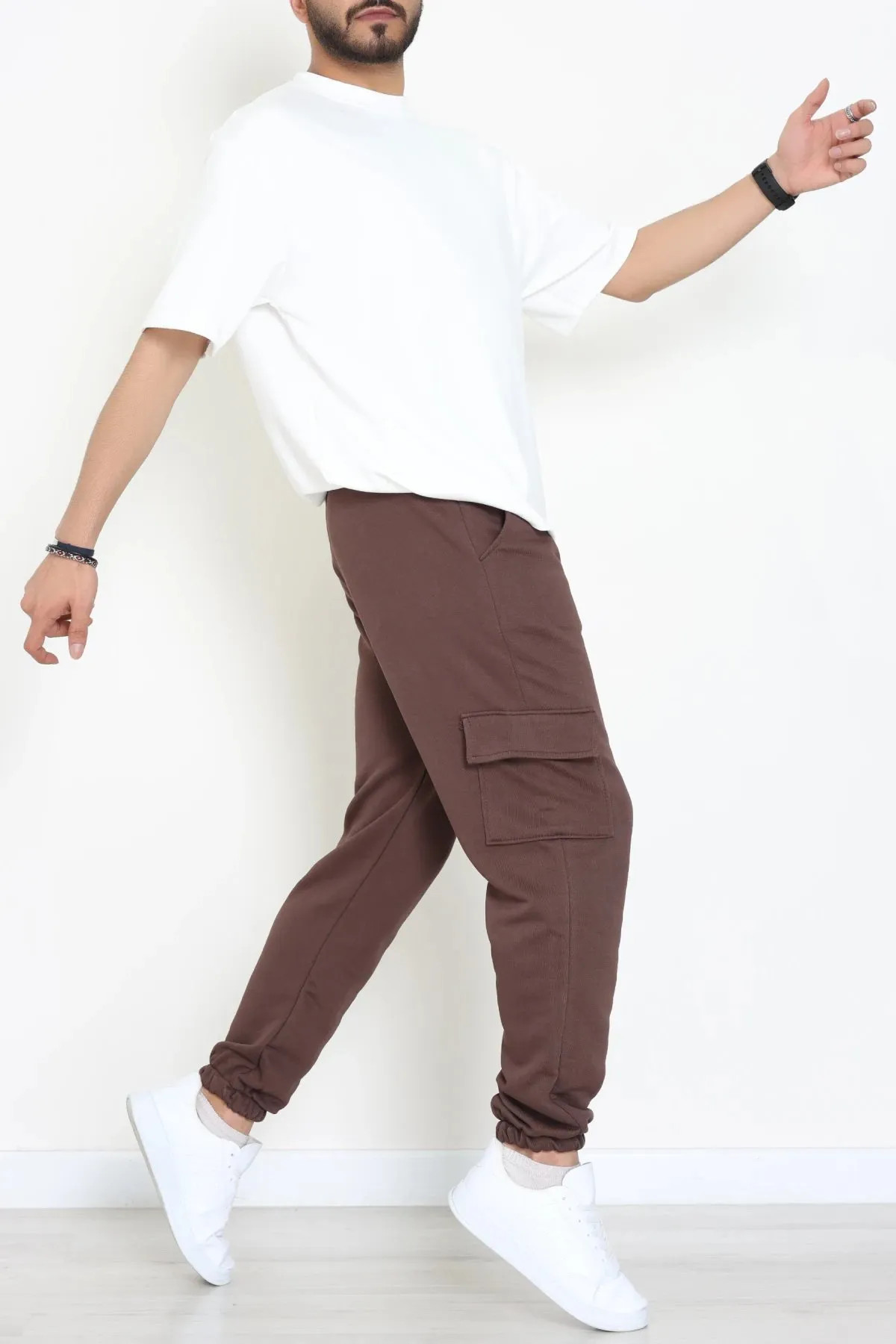 3 İplik Şardonsuz Kargo Cepli Erkek Eşofman Altı Kahve
