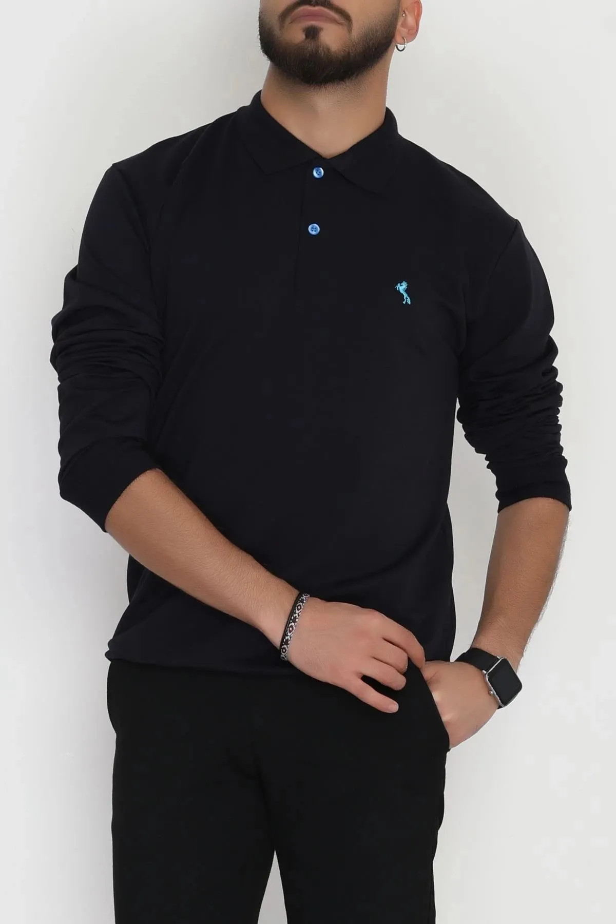 2 İplik Likralı Polo Yaka Erkek Sweat Lacivert