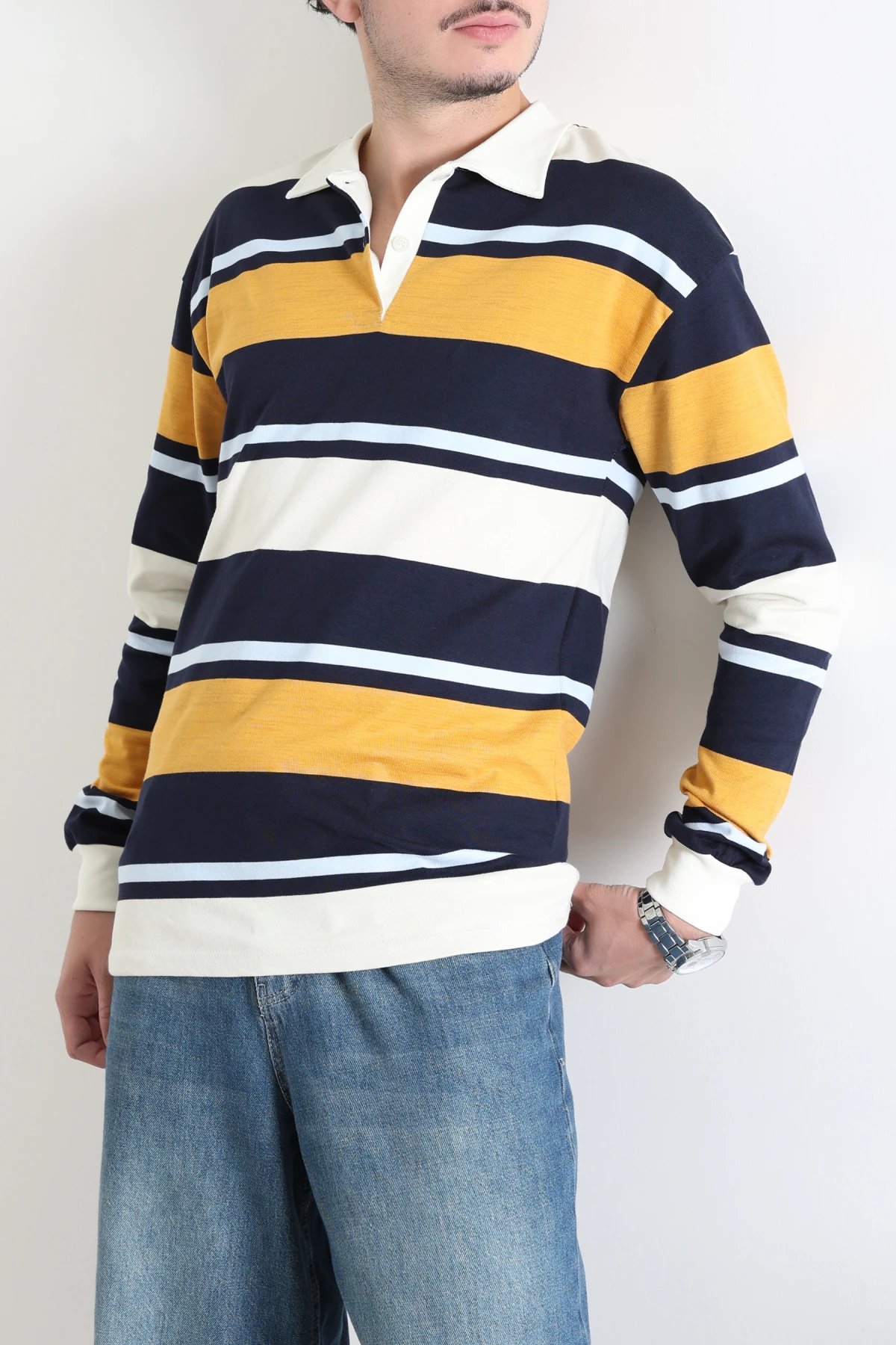 Polo Yaka Çizgili İnterlok Erkek Sweat Lacivertsarı