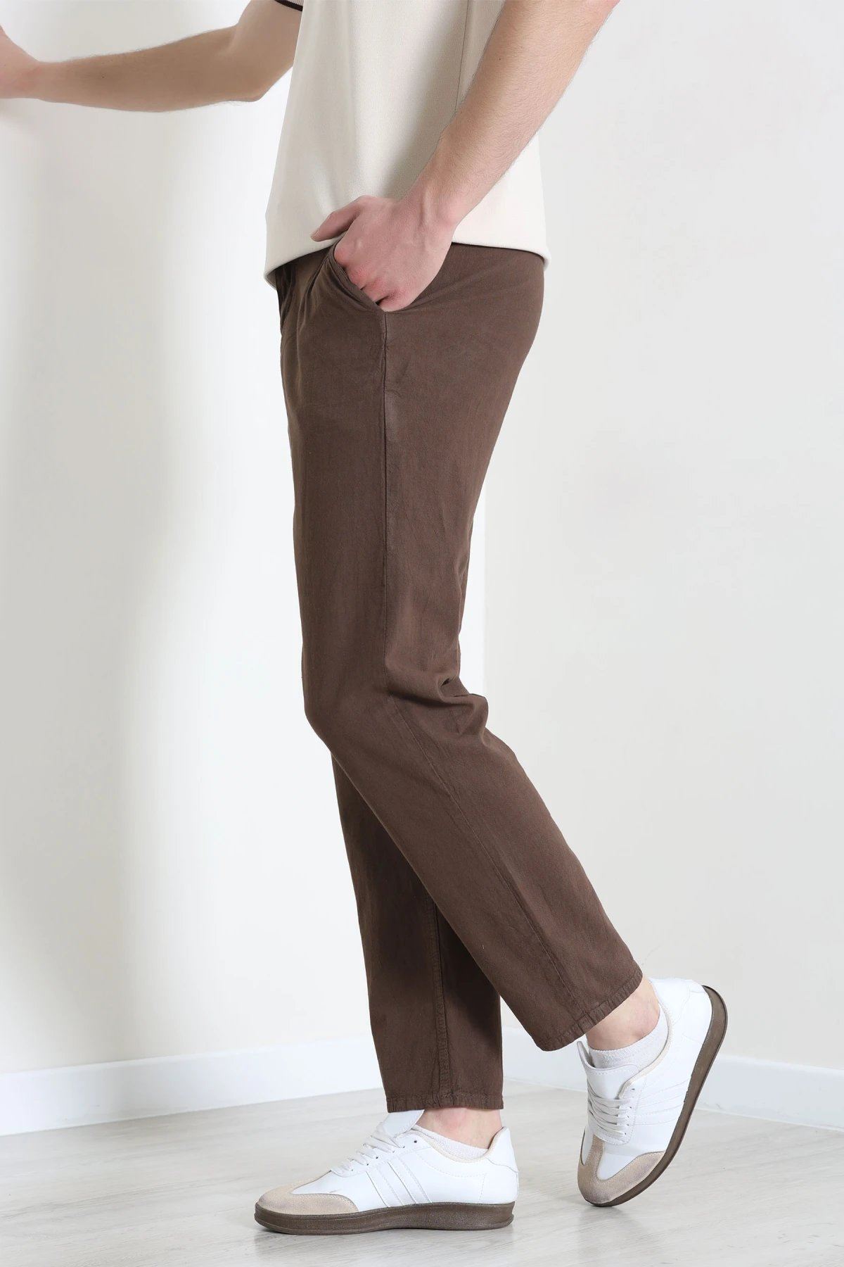 Regular Fit Keten Erkek Pantolon Kahve