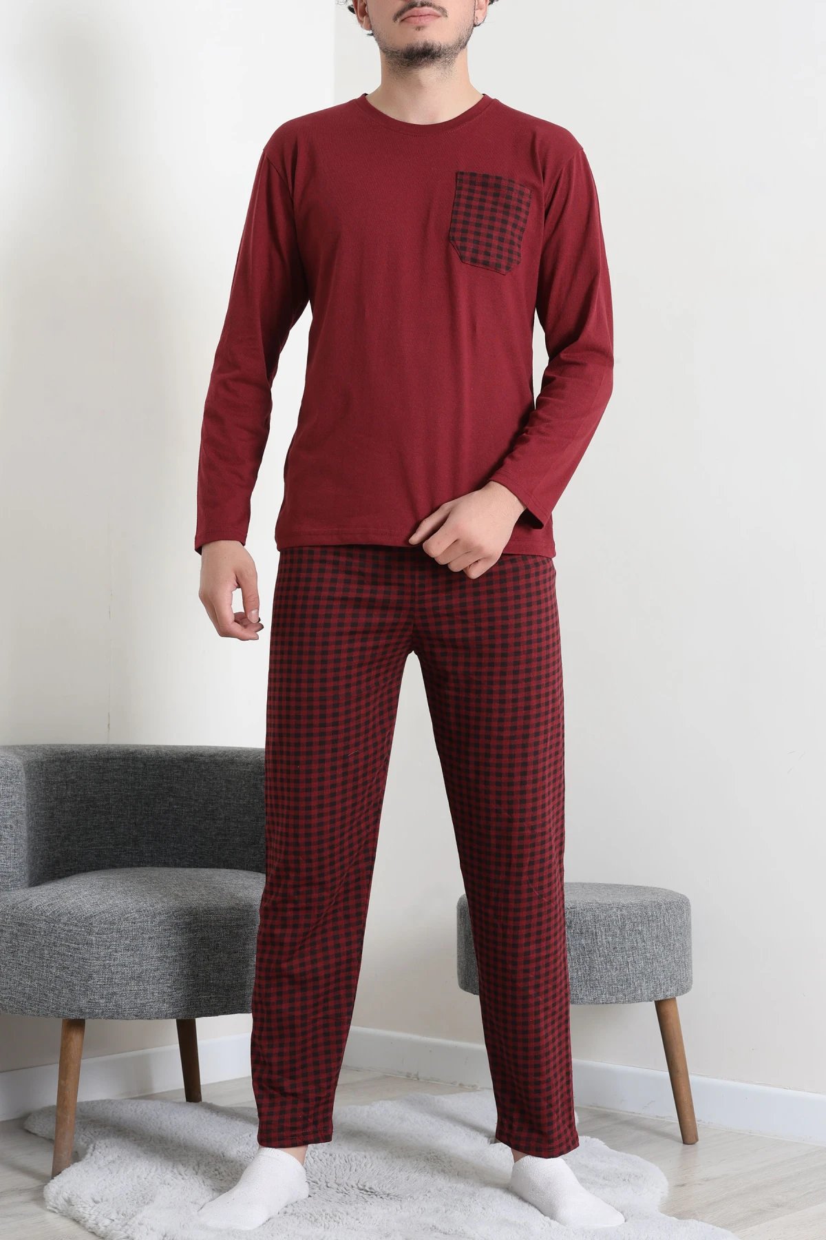 Süprem Ekoseli Baskılı Erkek Pijama Takımı Bordo