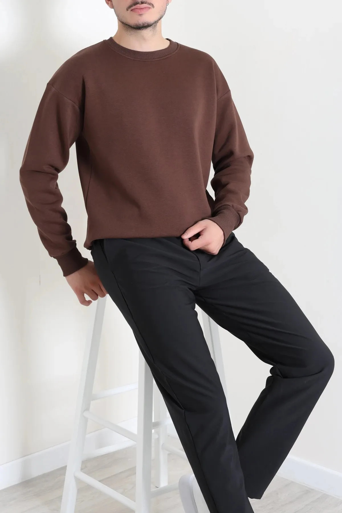 Bisiklet Yaka Şardonlu 3 İplik Erkek Sweat Açık Kahve