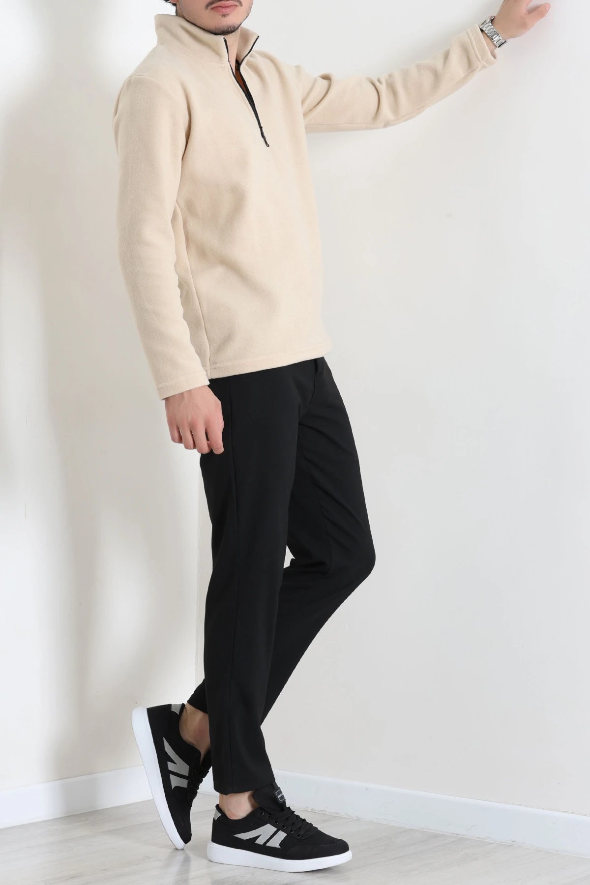 Yarım Fermuarlı Polar Erkek Sweat Bej