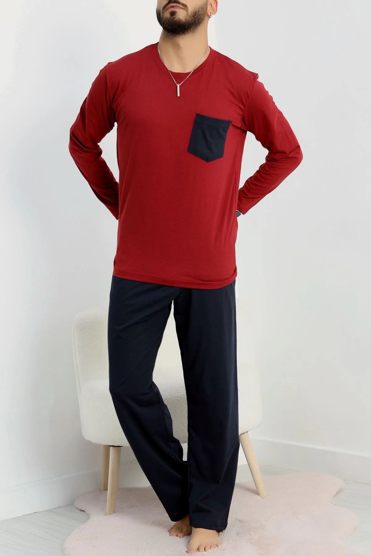 Cep Detay Süprem Erkek Pijama Takımı Bordo
