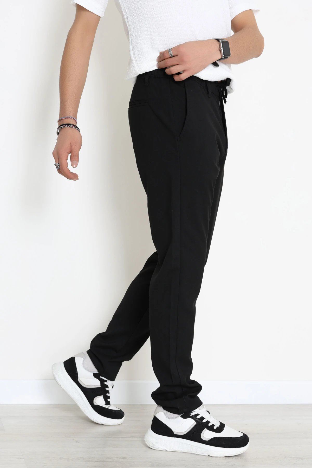 Dokuma Beli Lastikli Erkek Jogger Pantolon  Siyah