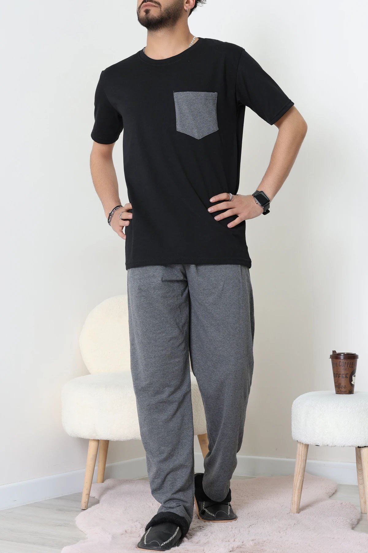 Kısa Kollu Erkek Pijama Takımı Siyah