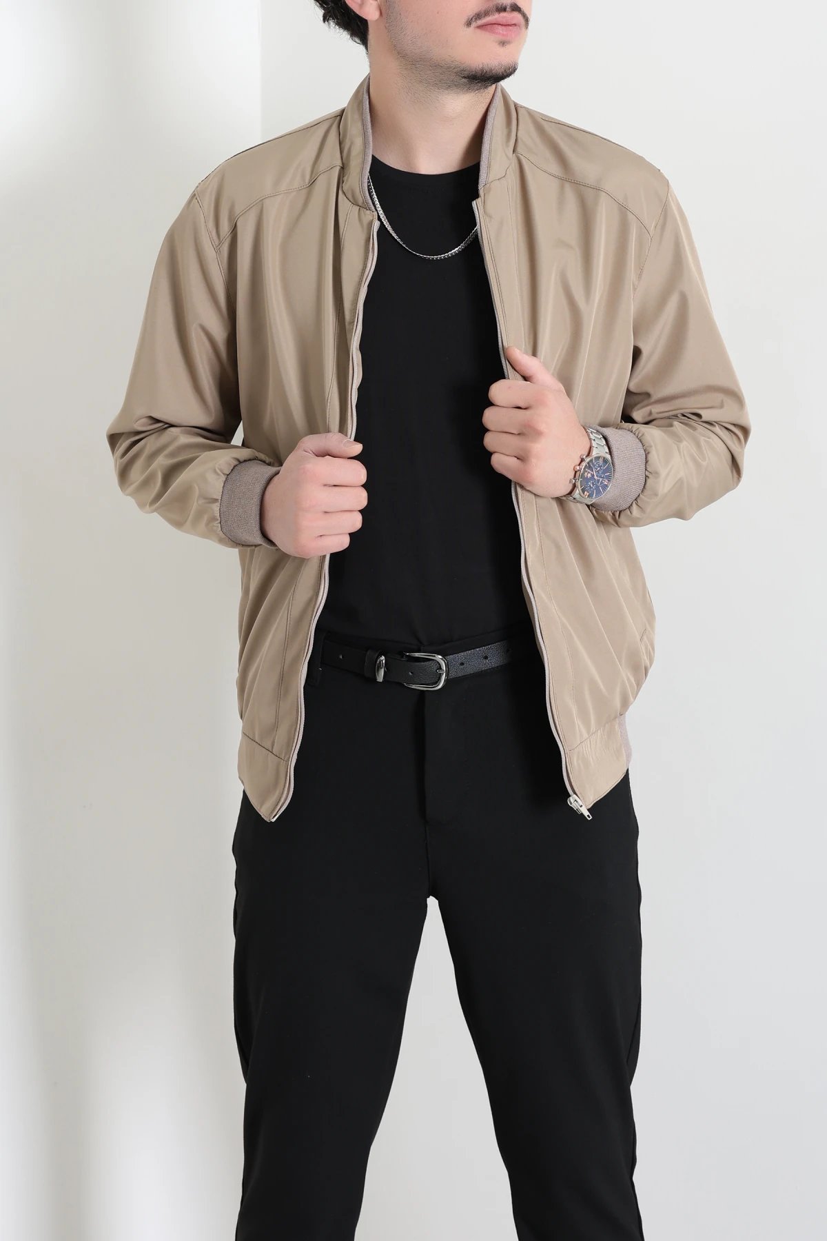 Bondit Dik Yaka Erkek Bomber Ceket Bej