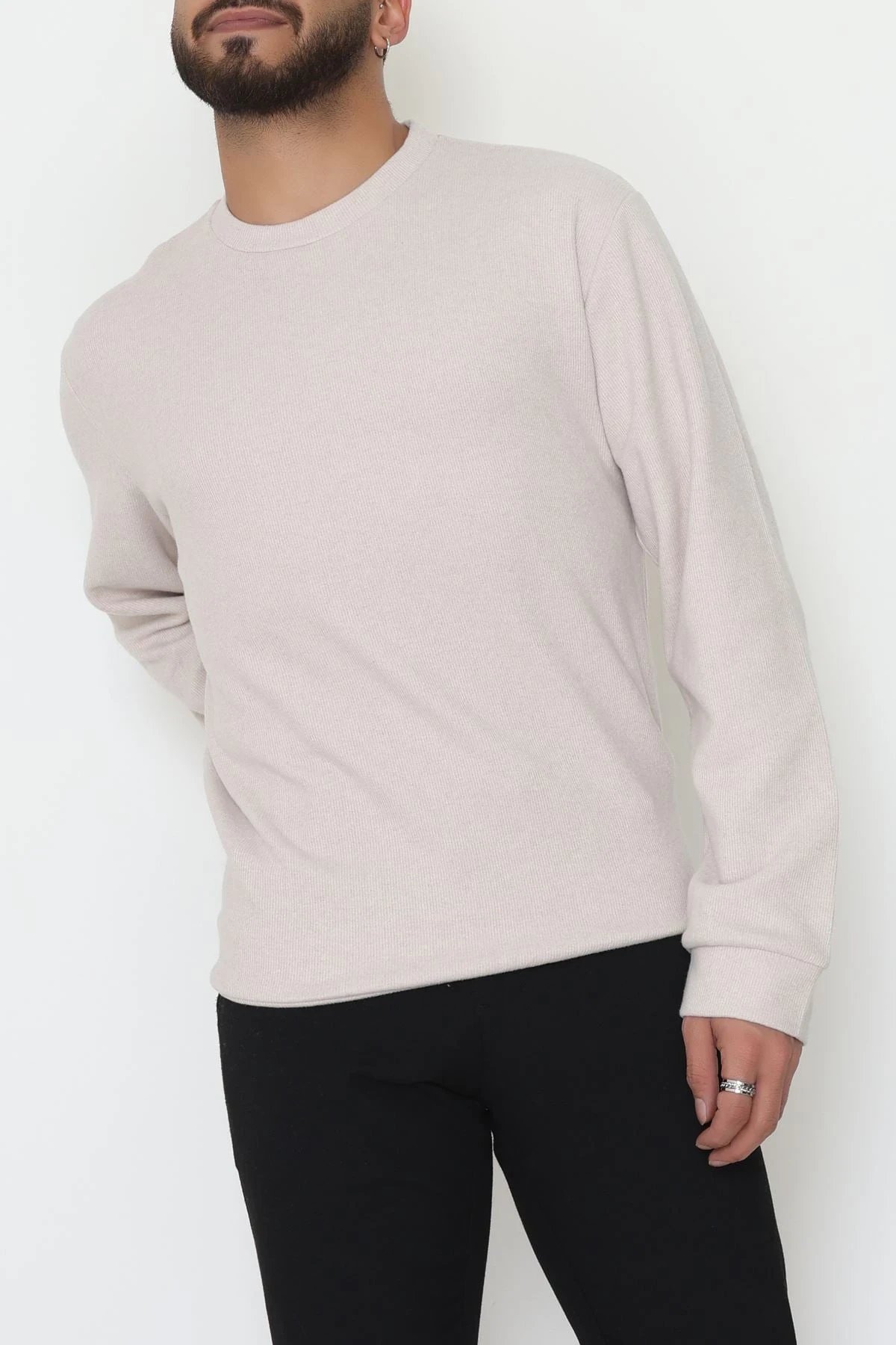 Bisiklet Yaka Selanik Kumaş Erkek Sweat Bej