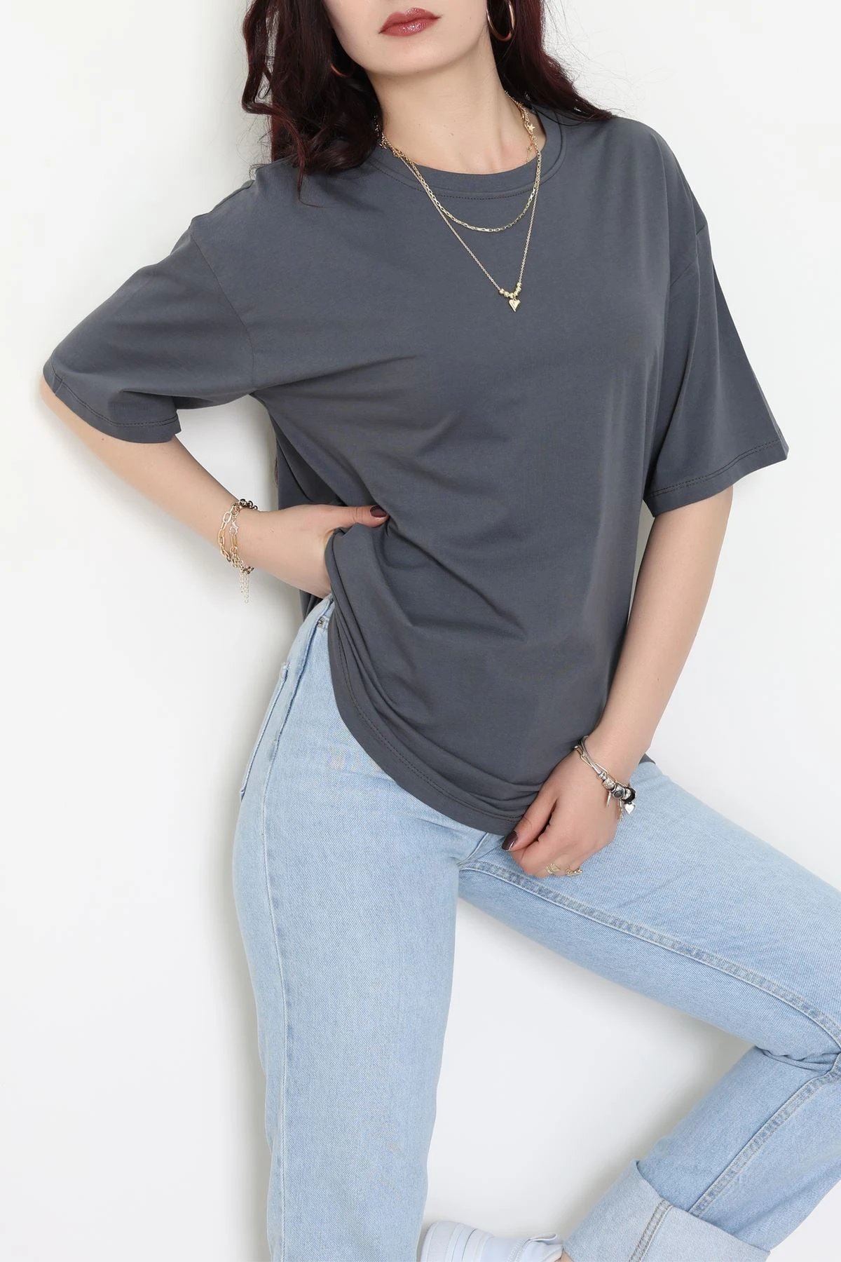 Kompak Penye Unisex Baskısız Oversize Tişört Antrasit