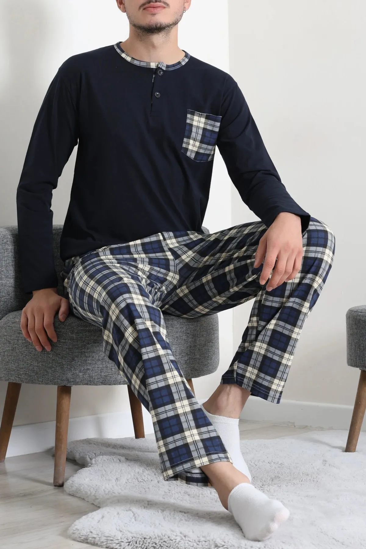 Süprem Patlı Ekose Pijama Takımı Lacivert