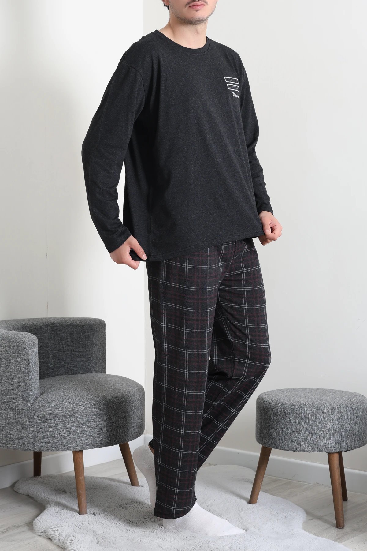 Süprem Ekose Bisiklet Yak Uzun Kol Cepli Erkek Pijama Takımı Siyah