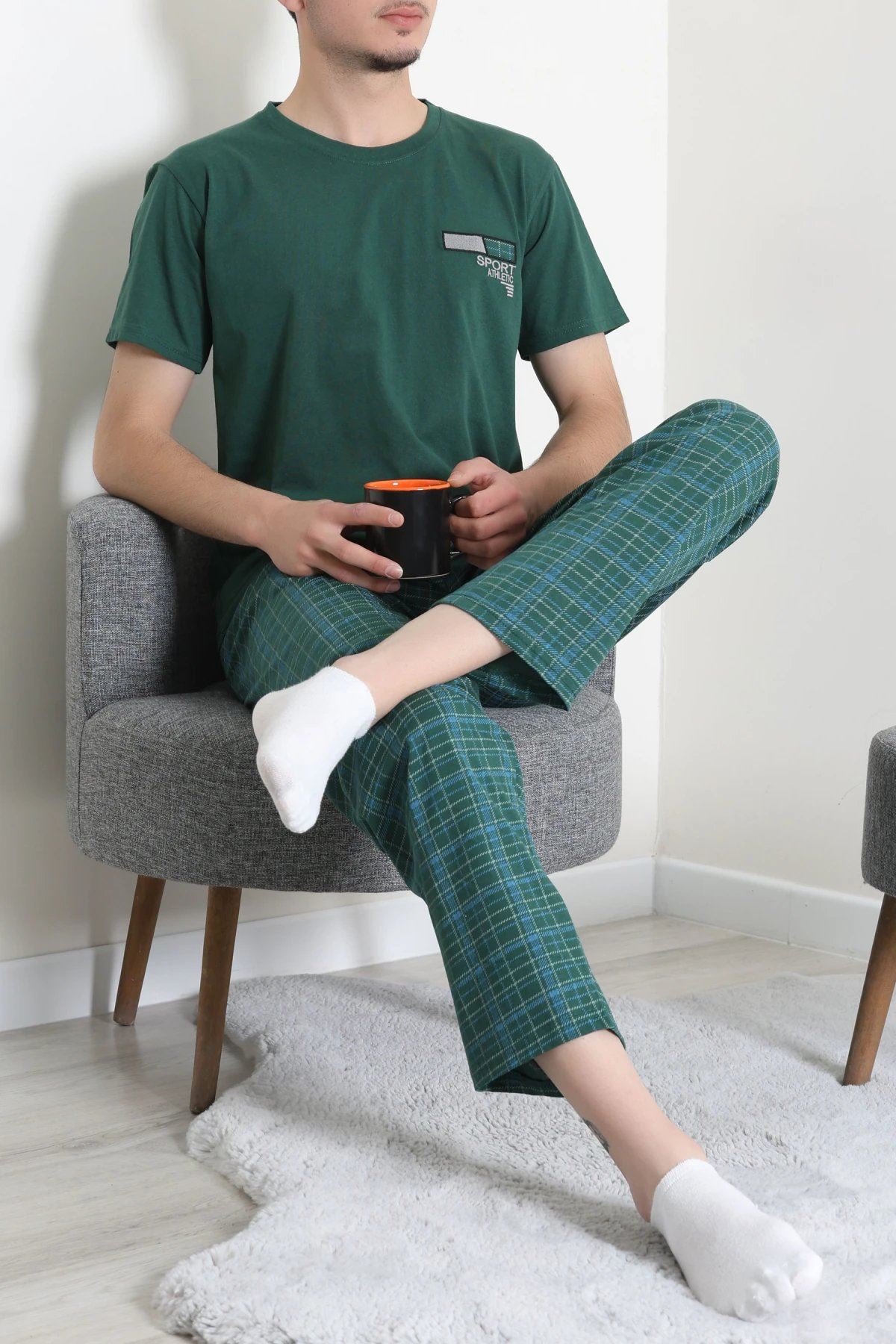 Kısa Kollu Erkek Pijama Takımı Koyuyeşil