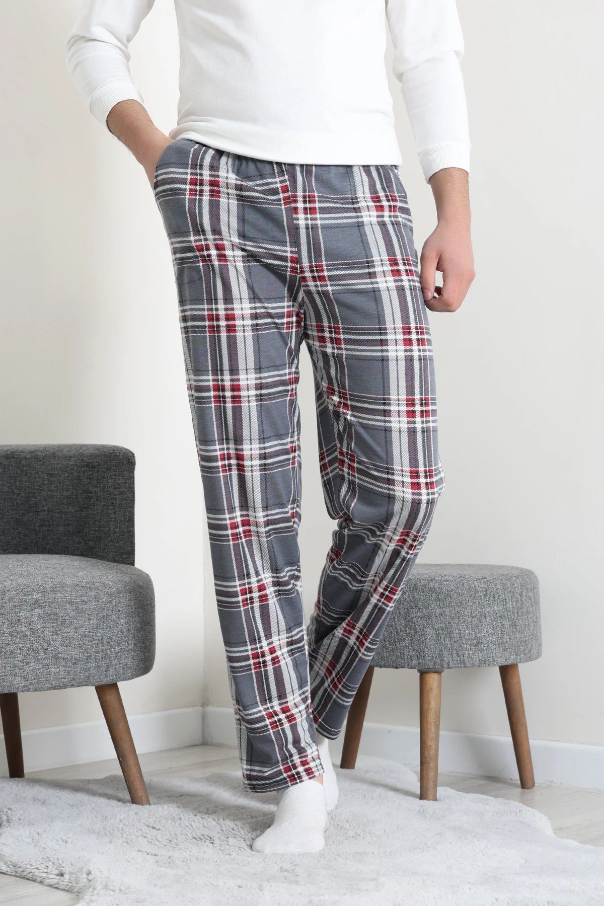 Süprem Cepli Erkek Pijama Altı Gri Kırmızı