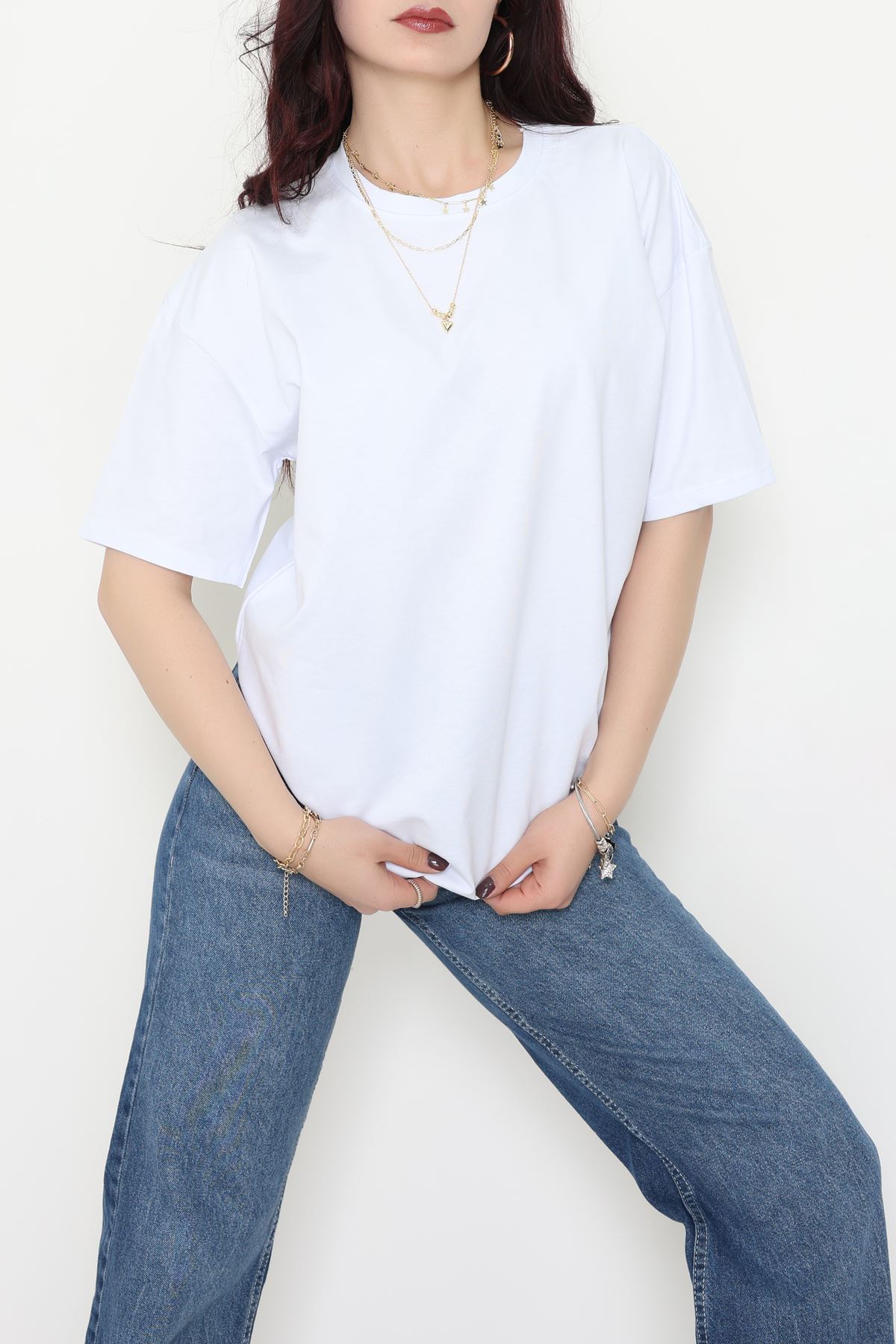 Kompak Penye Unisex Baskısız Oversize Tişört Beyaz
