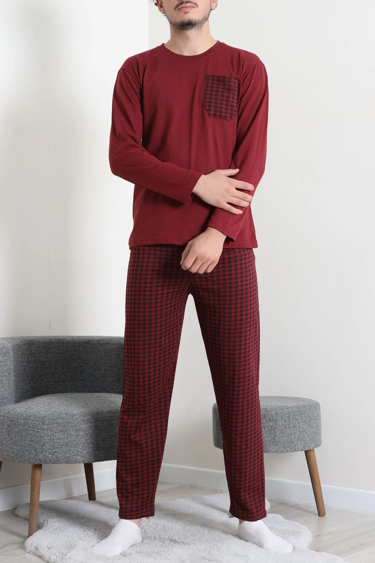 Süprem Ekoseli Baskılı Erkek Pijama Takımı Bordo