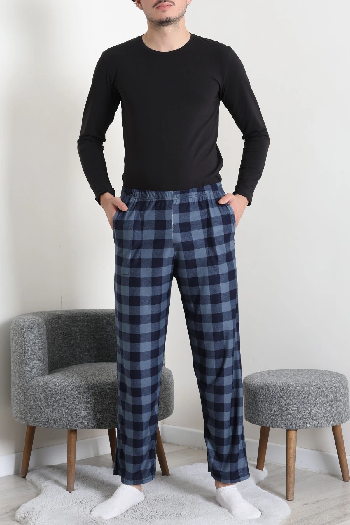 Süet Cepli Erkek Pijama Alt Açıkmavi