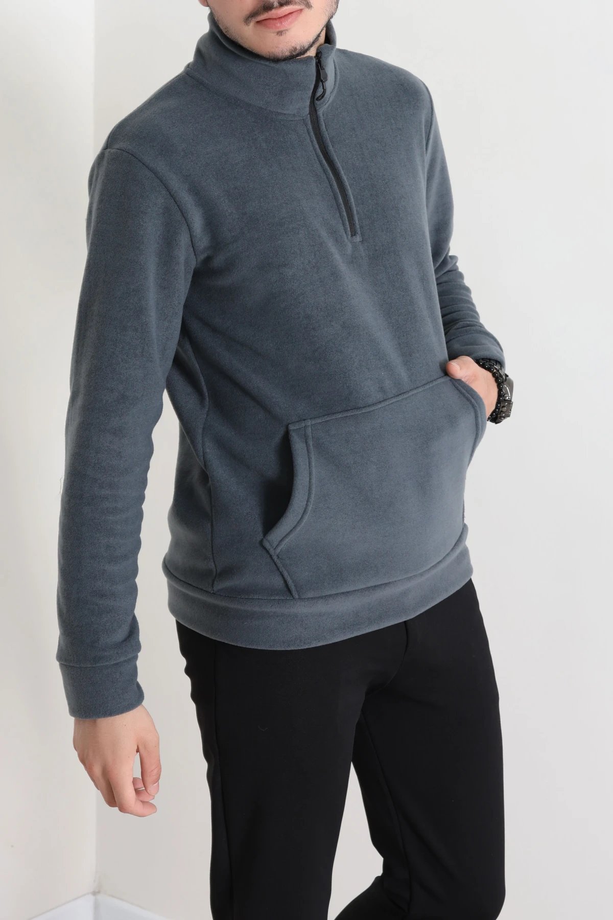 Yarım Fermuar Kanguru Cepli Erkek Polar Sweat Antrasit