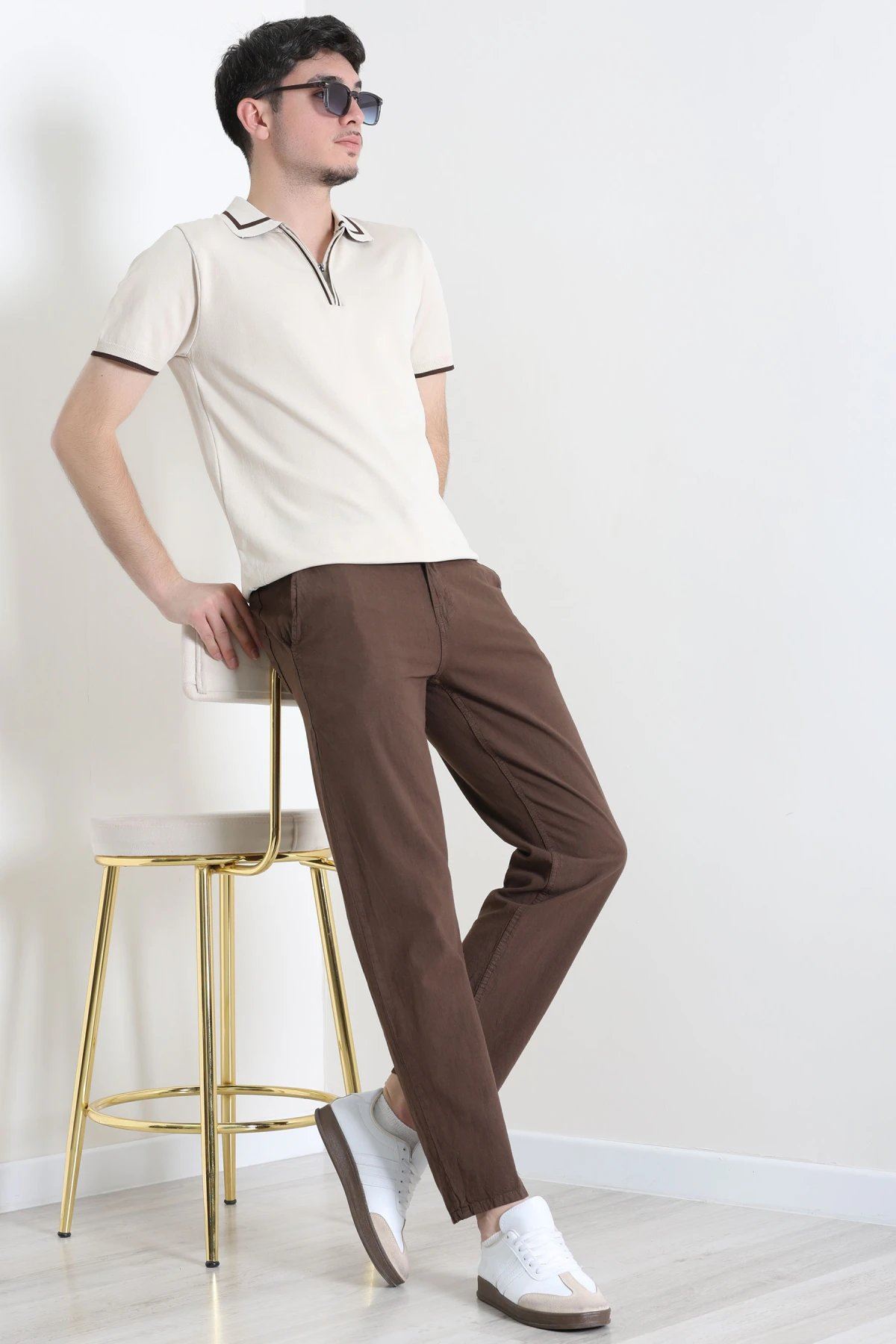 Regular Fit Keten Erkek Pantolon Kahve