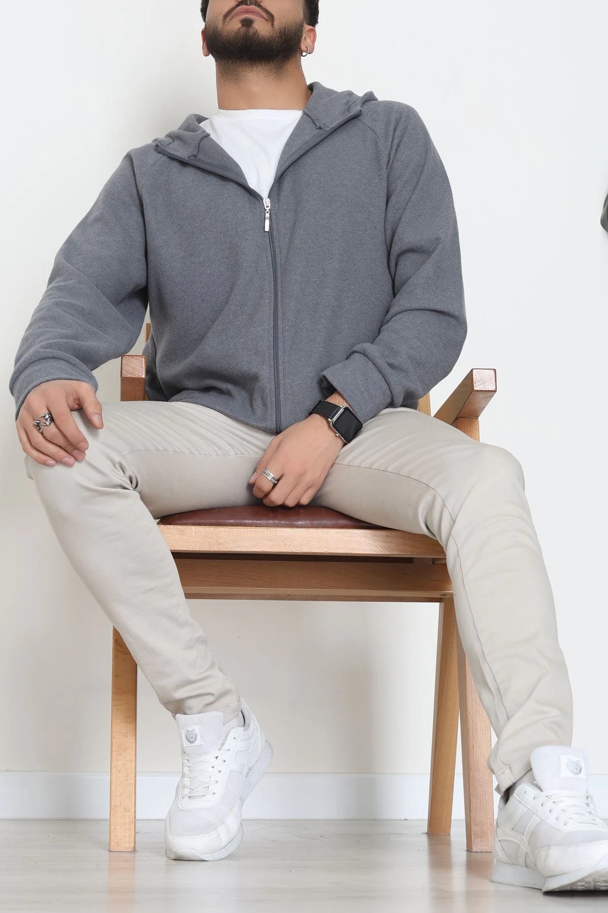 Selanik Kumaş Kapşonlu Erkek Sweat Füme