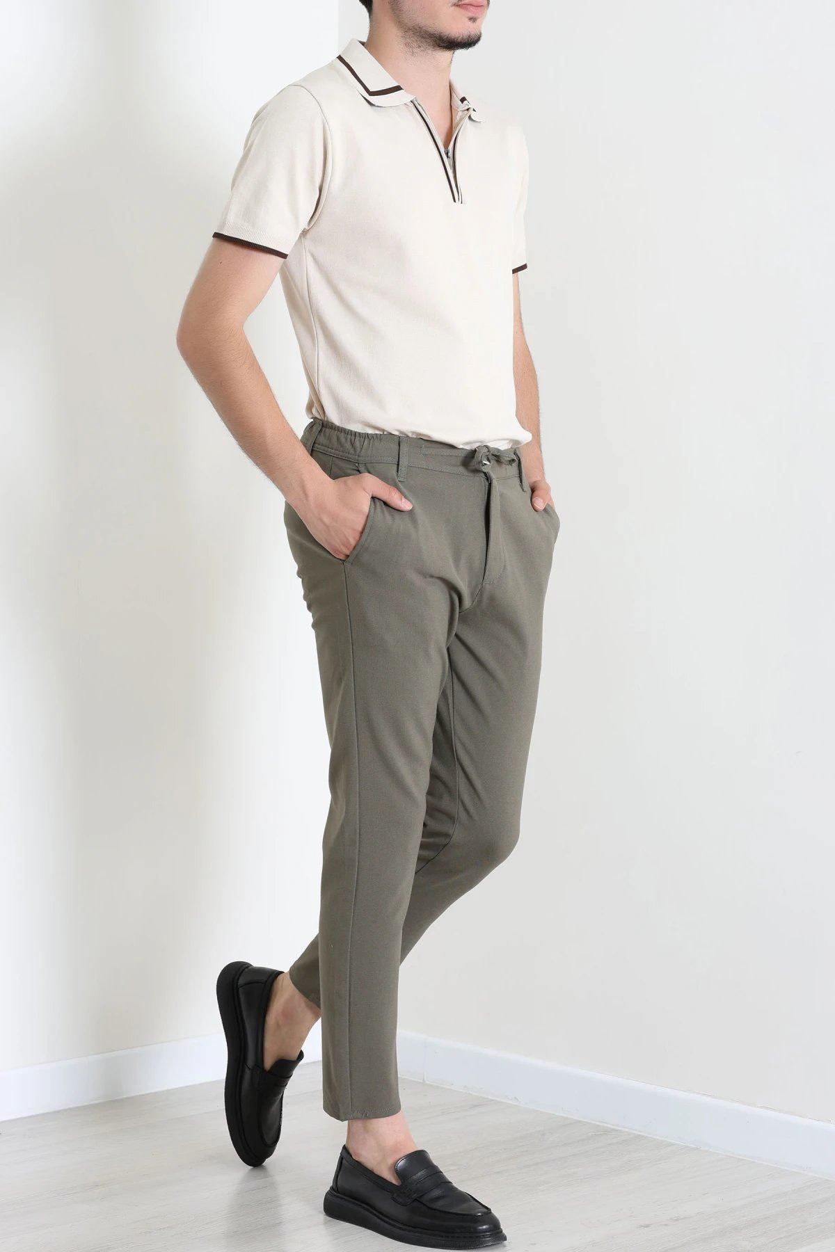 Dokuma Beli Lastikli Erkek Jogger Pantolon Koyuhaki