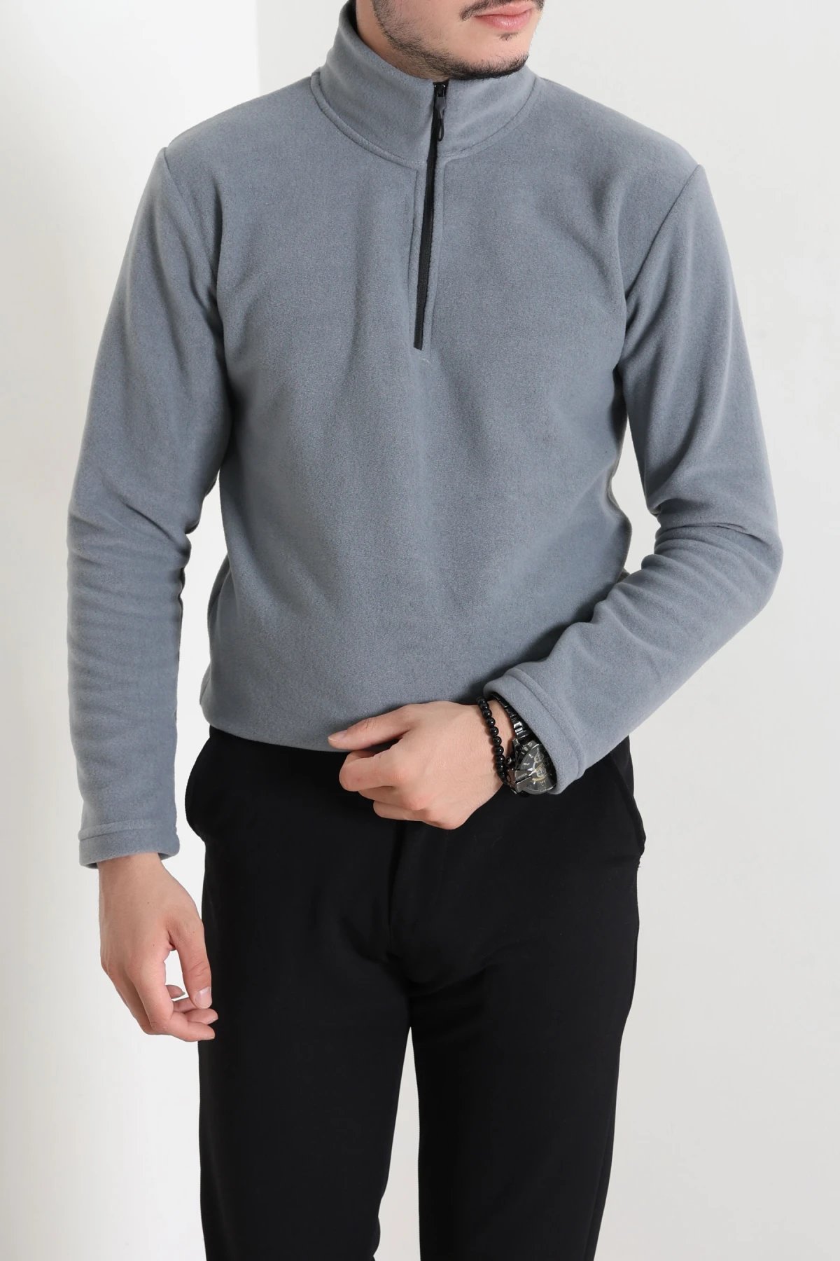 Yarım Fermuarlı Polar Erkek Sweat Füme