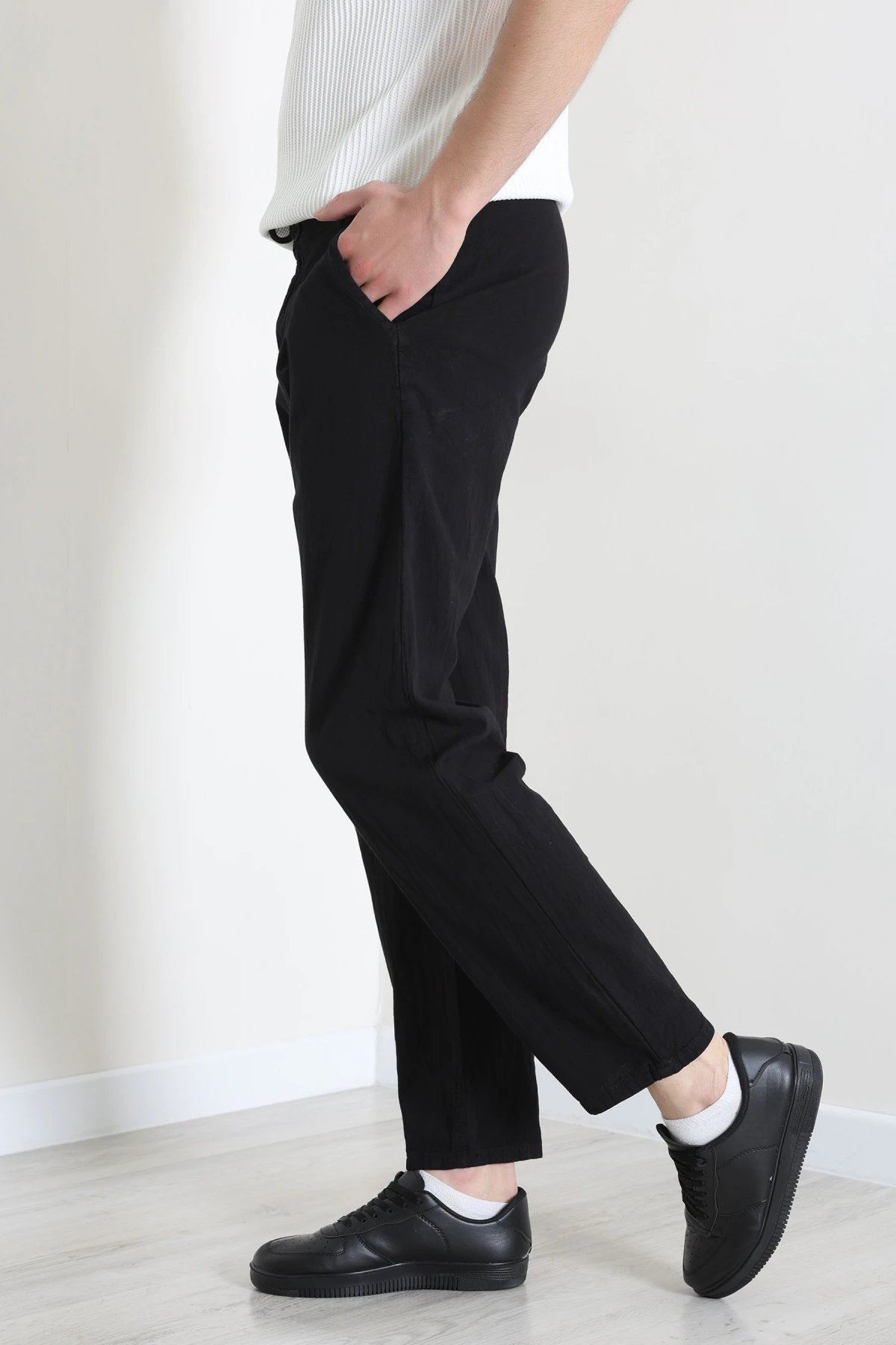 Regular Fit Keten Erkek Pantolon Siyah