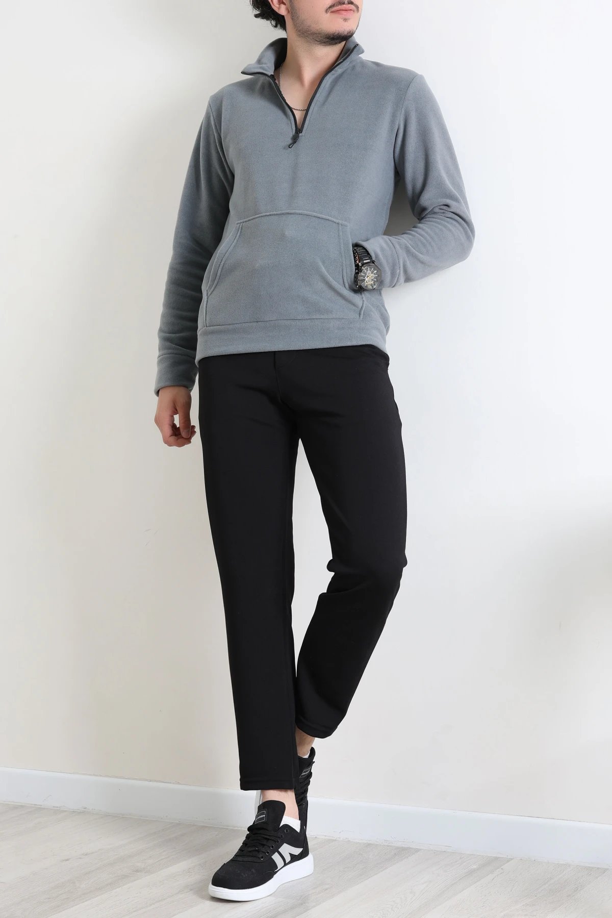 Yarım Fermuar Kanguru Cepli Erkek Polar Sweat Füme
